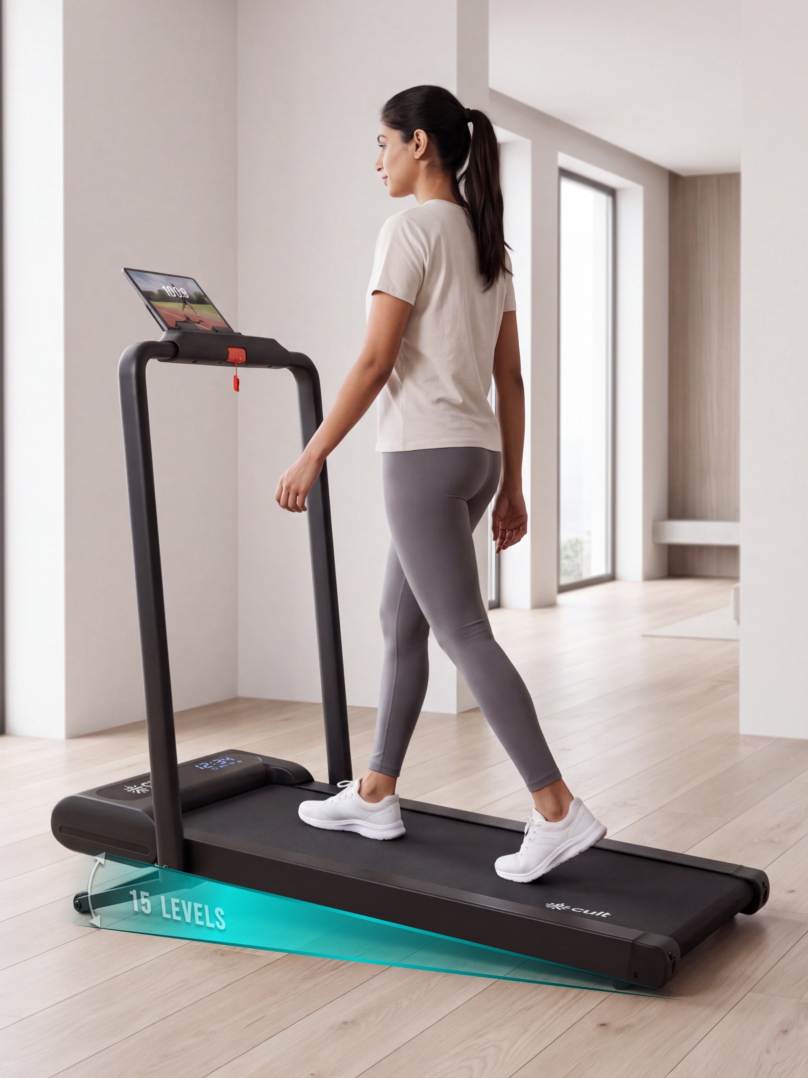 Cult Elevate Walking Pad with 5 HP BLDC Motor, 12 km/hr Speed, Auto Incline up to 15 Levels, 130 kg User Weight Capacity, LED Display, Tablet Holder & Wheels