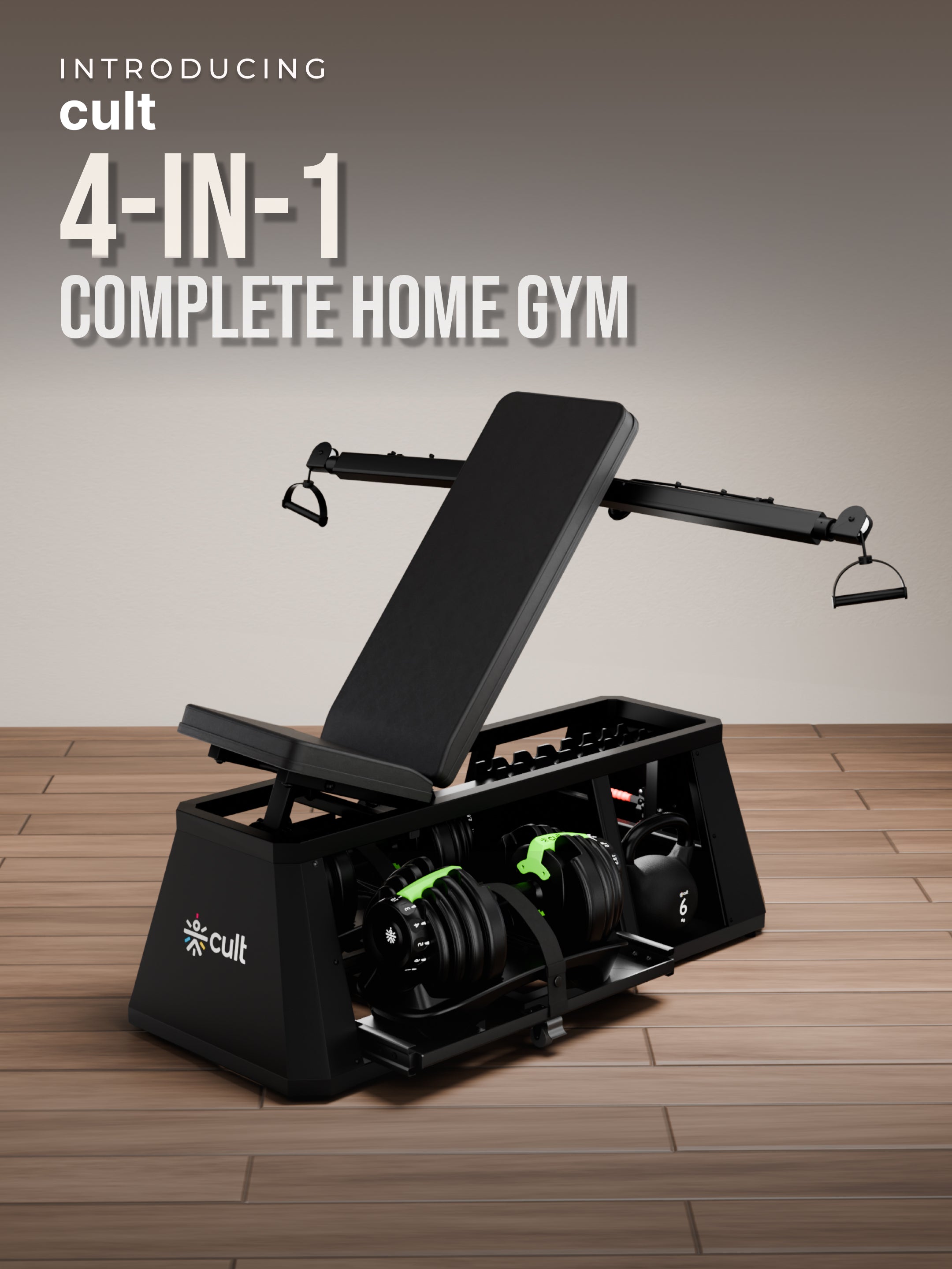 Cult 4 in 1 Multi Home Gym with Cable Crossover, Adjustable Bench, Dumbbell & Weights Storage Rack | 300 Kg Capacity | 8-Level Incline/Decline | 3 Resistance Levels | Perfect for Home Gym