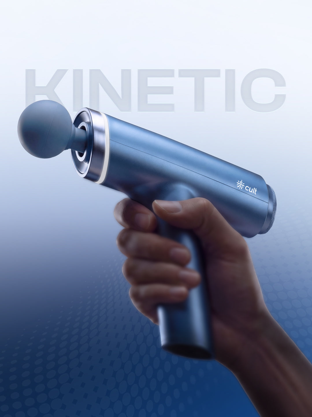 Cult Kinetic Massage Gun for Muscle Recovery, Full Body Massager, BLDC Motor, Ergonomic Angular Handle, 4 Silicone Heads, 5-Hour Battery, Blue
