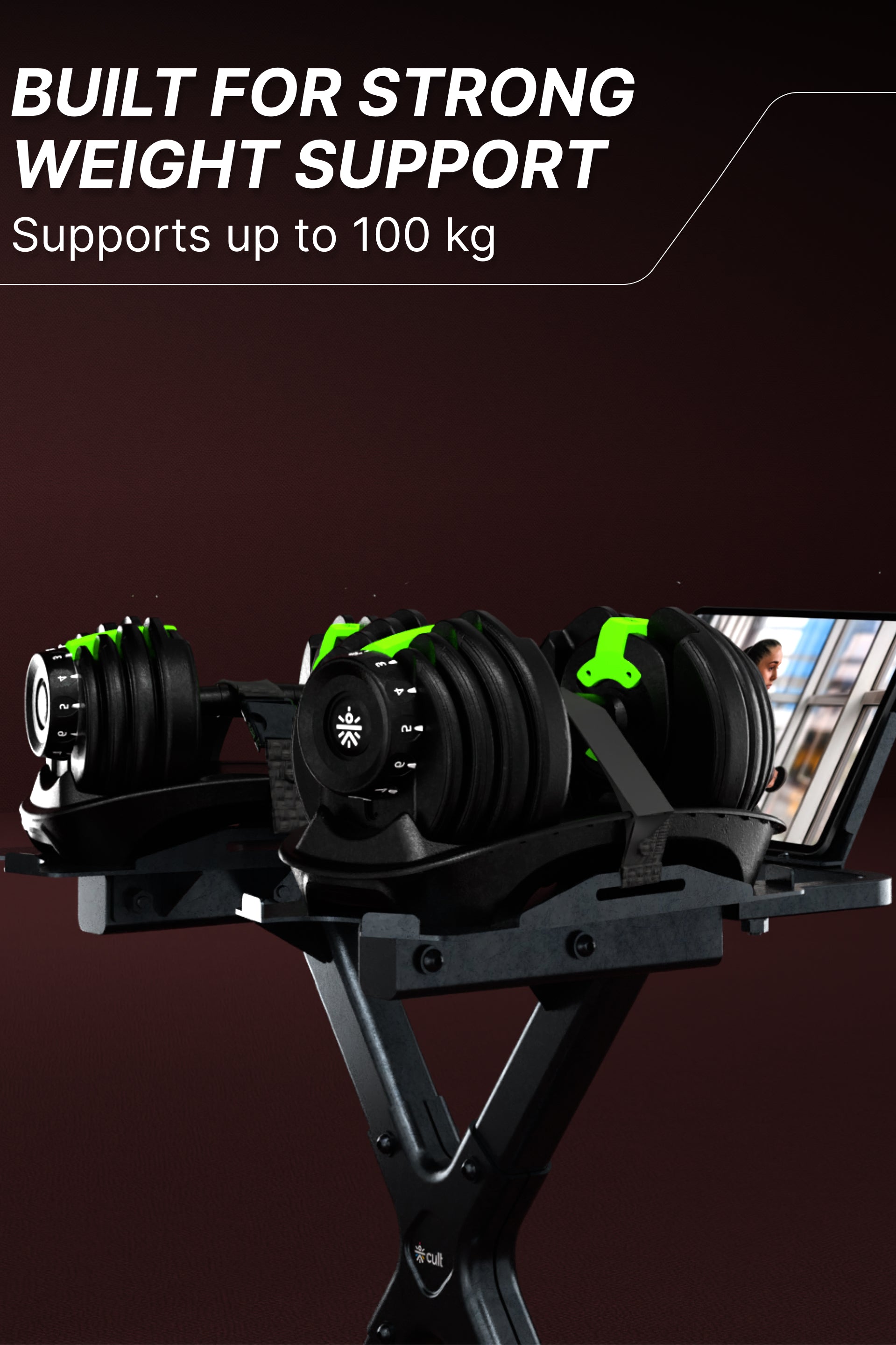 Cult Dumbbell Stand | 100 KG Weight Capacity with Wheels & Tablet Holder | Protected Edges | Compact Home Gym Storage (6 Months extended Warranty only on Cultstore.com)