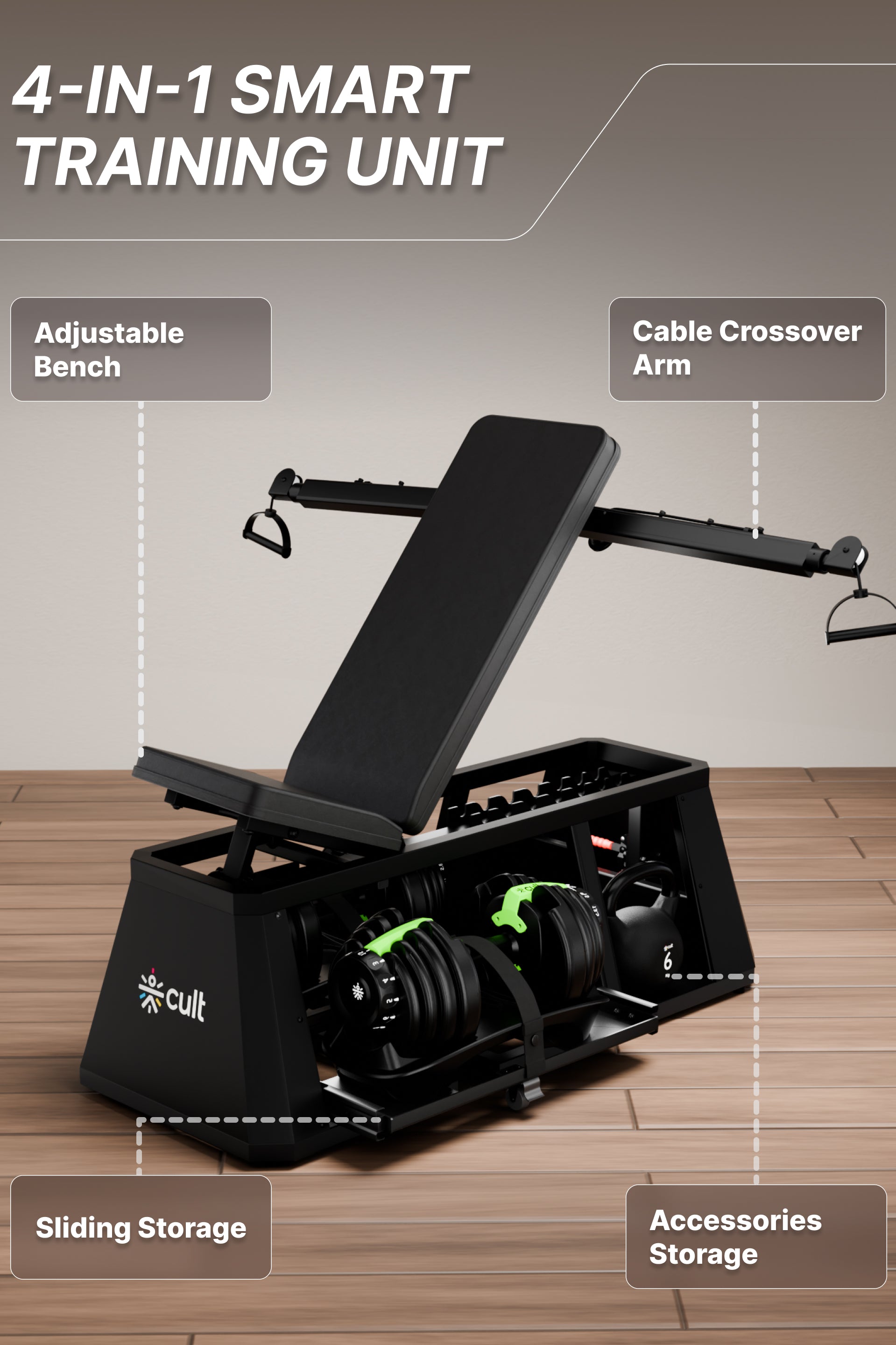 Cult 4 in 1 Multi Home Gym with Cable Crossover, Adjustable Bench, Dumbbell & Weights Storage Rack | 300 Kg Capacity | 8-Level Incline/Decline | 3 Resistance Levels | Perfect for Home Gym