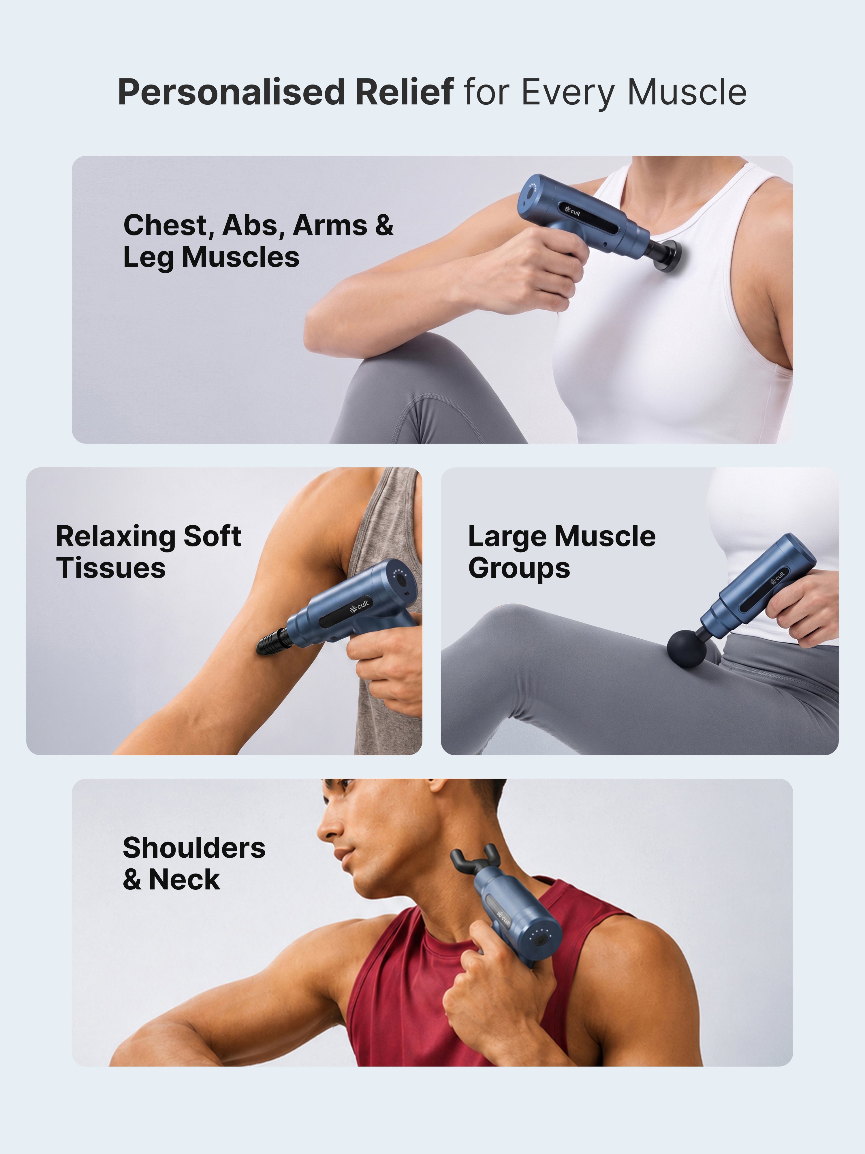 Cult Thrust, Full Body Professional Gun Massager, Upto 3 Hour Battery, Deep Tissue Percussions, 4 Interchangeable heads, 6 Speed levels, Silicone head, Blue