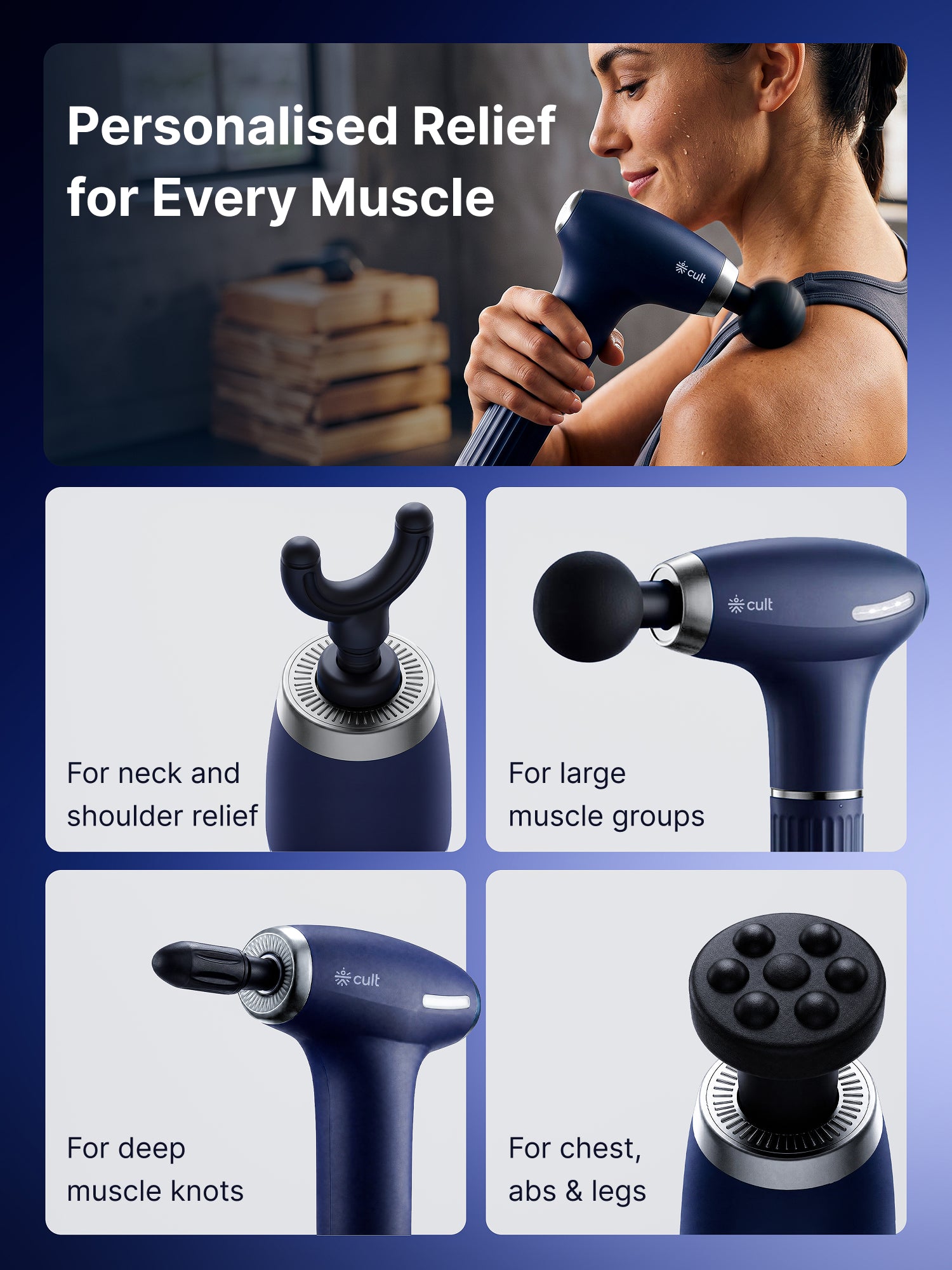 Cult XTND Massage Gun for Full-Body Muscle Relief, 3-in-1 Extension for Easy Back & Full-Body Massage, 35W Motor, 6 Speed Levels, 4 Massage Heads, Pain Relief Massager for Back, Shoulders, Legs & Everyday Recovery, Blue