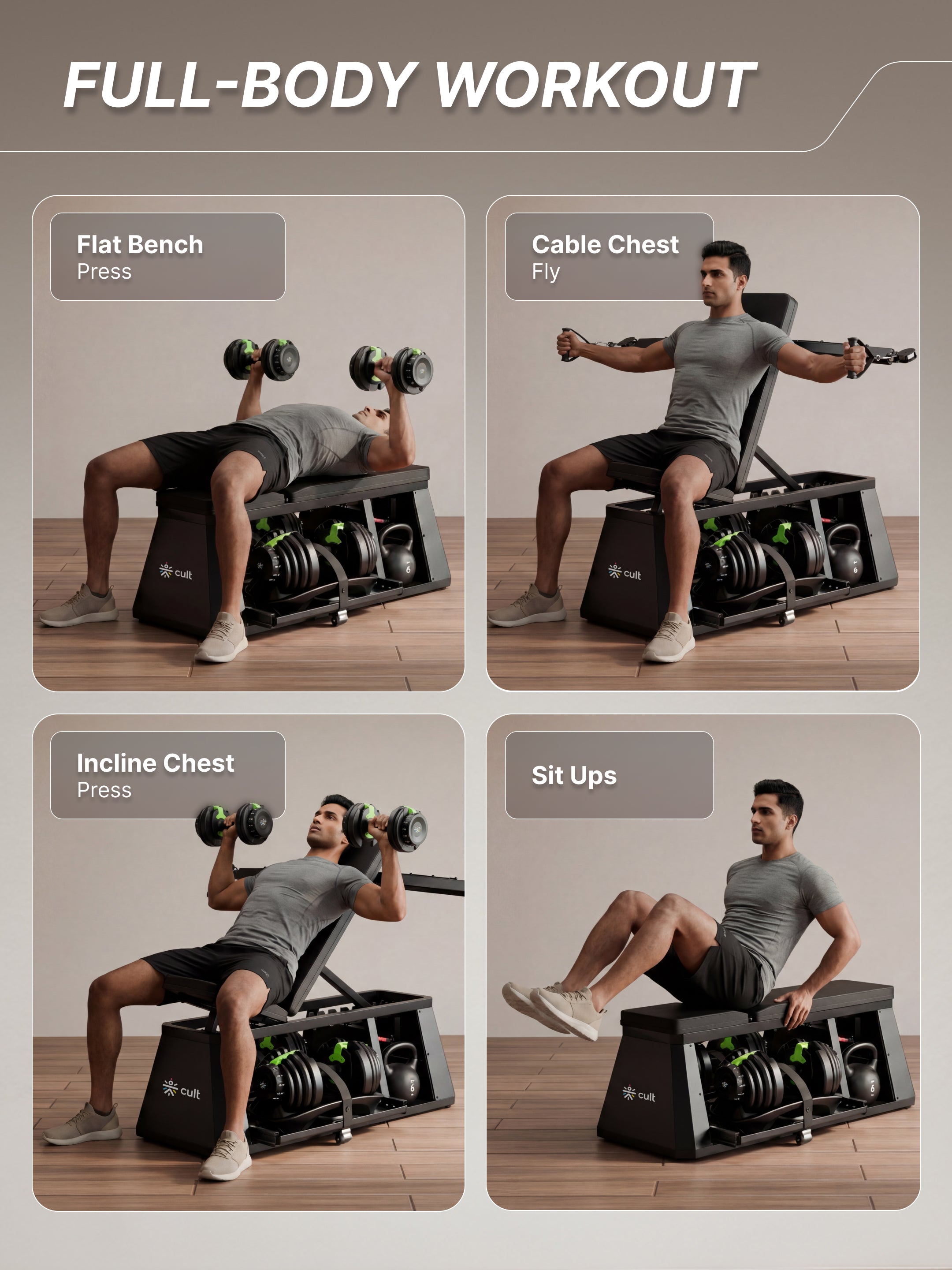 Cult 4 in 1 Multi Home Gym with Cable Crossover, Adjustable Bench, Dumbbell & Weights Storage Rack | 300 Kg Capacity | 8-Level Incline/Decline | 3 Resistance Levels | Perfect for Home Gym