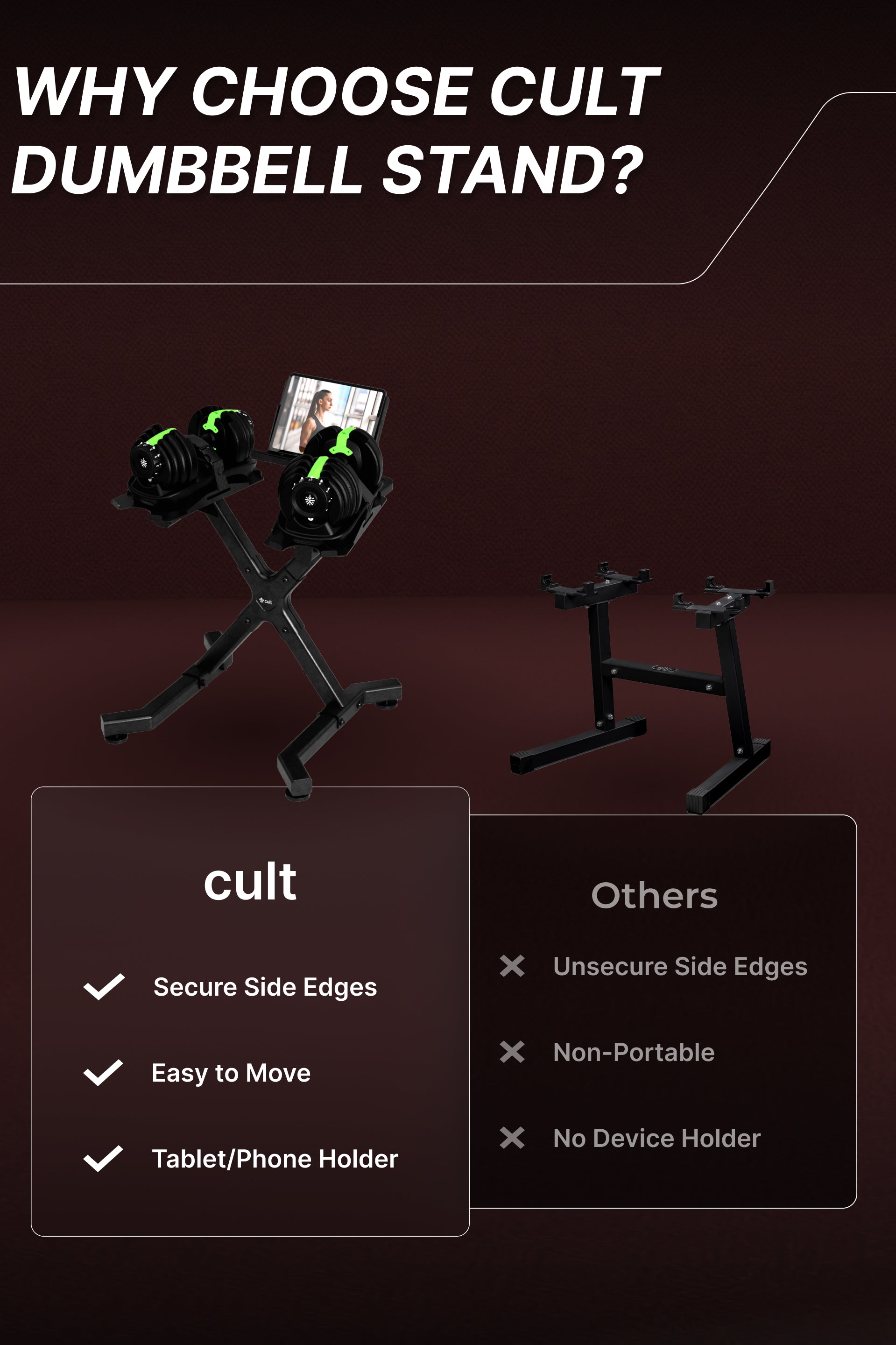 Cult Dumbbell Stand | 100 KG Weight Capacity with Wheels & Tablet Holder | Protected Edges | Compact Home Gym Storage (6 Months extended Warranty only on Cultstore.com)