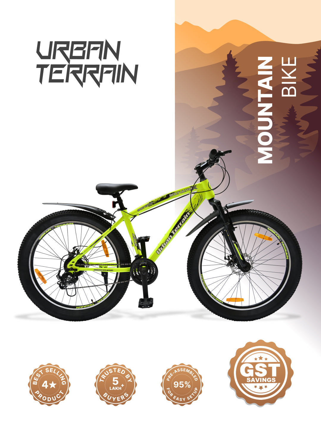 Bolt Ultra Mountain Bike Steel 21 Speed Cycle 27.5 inch Tyre, Green With Front Suspension, Double Wall Rim and Dual Disc Brakes, Ideal For 5.2 ft to 6 ft