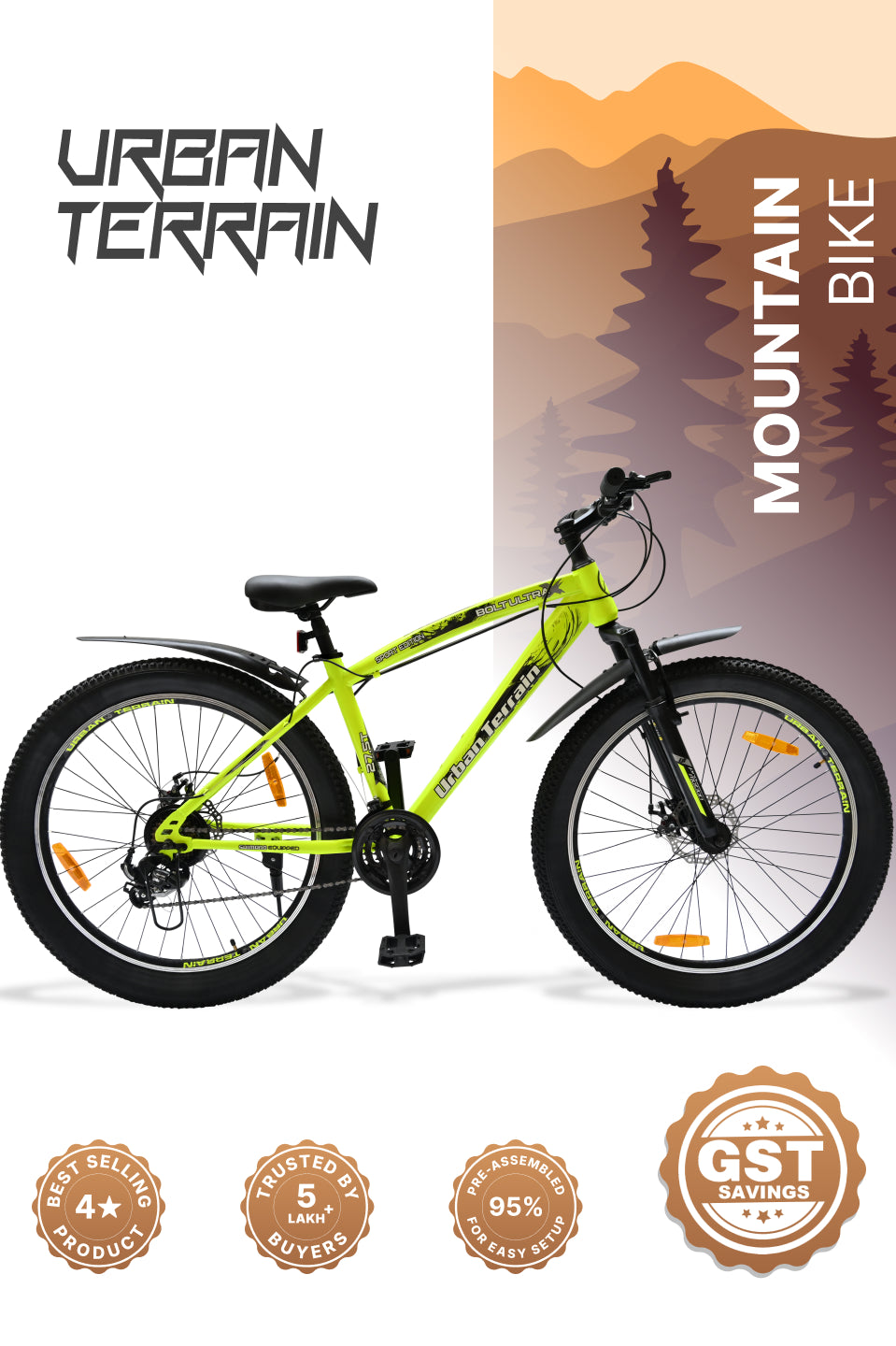 Bolt Ultra Mountain Bike Steel 21 Speed Cycle 27.5 inch Tyre, Green With Front Suspension, Double Wall Rim and Dual Disc Brakes, Ideal For 5.2 ft to 6 ft