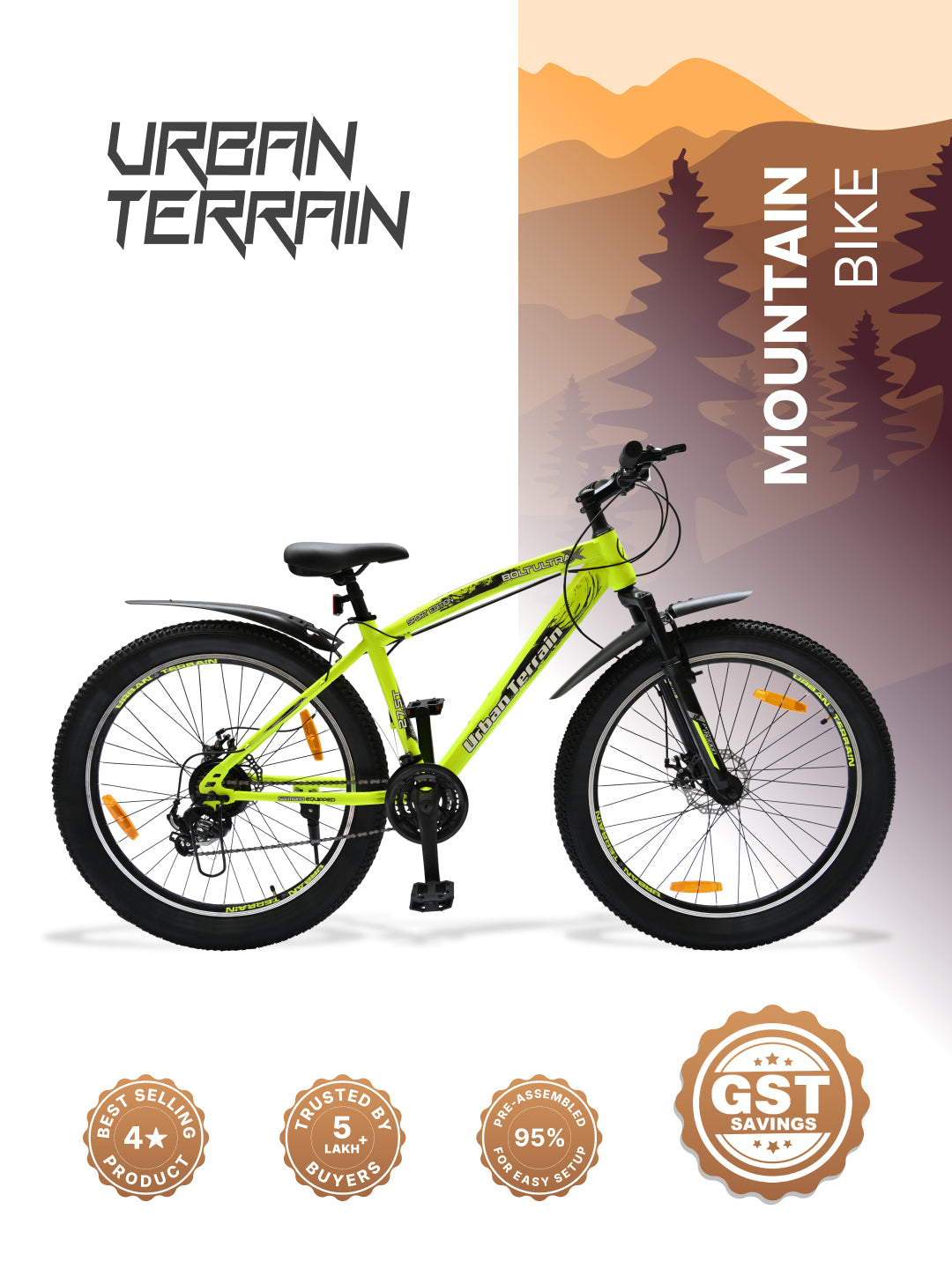 Bolt Ultra Mountain Bike Steel 21 Speed Cycle 27.5 inch Tyre, Green With Front Suspension, Double Wall Rim and Dual Disc Brakes, Ideal For 5.2 ft to 6 ft