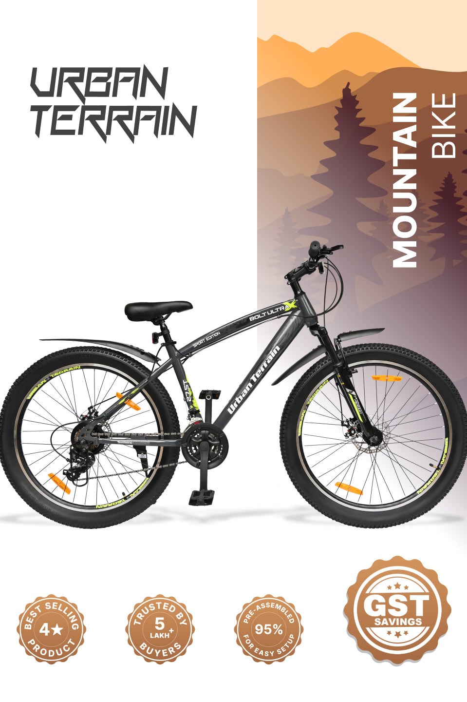 Bolt Ultra Mountain Bike Steel 21 Speed Cycle 27.5 inch Tyre, Grey With Front Suspension, Double Wall Rim and Dual Disc Brakes, Ideal For 5.2 ft to 6 ft