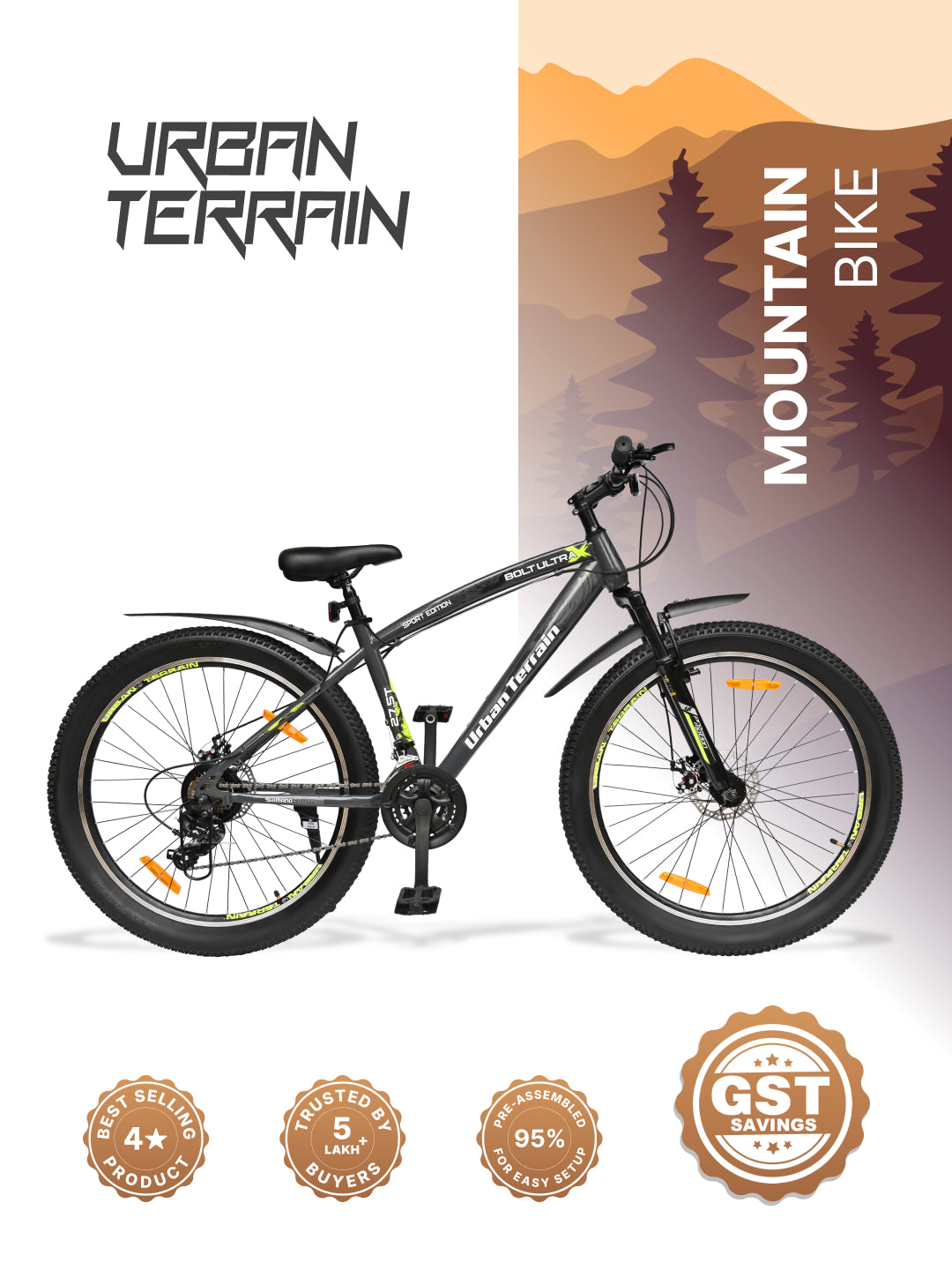 Bolt Ultra Mountain Bike Steel 21 Speed Cycle 27.5 inch Tyre, Grey With Front Suspension, Double Wall Rim and Dual Disc Brakes, Ideal For 5.2 ft to 6 ft