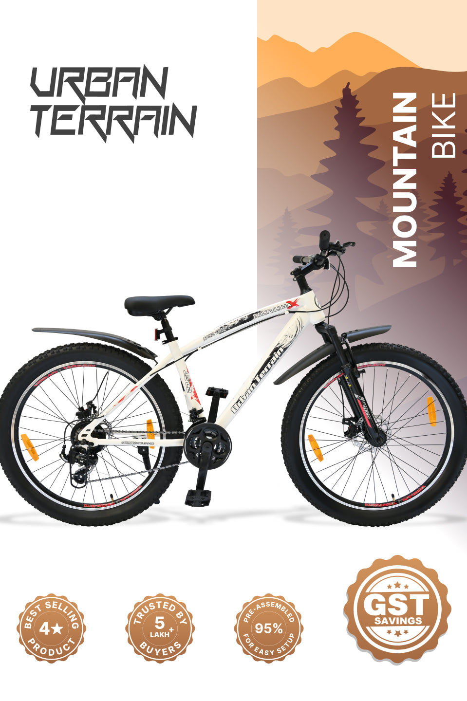 Bolt Ultra Mountain Bike Steel 21 Speed Cycle 27.5 inch Tyre, White With Front Suspension, Double Wall Rim and Dual Disc Brakes, Ideal For 5.2 ft to 6 ft