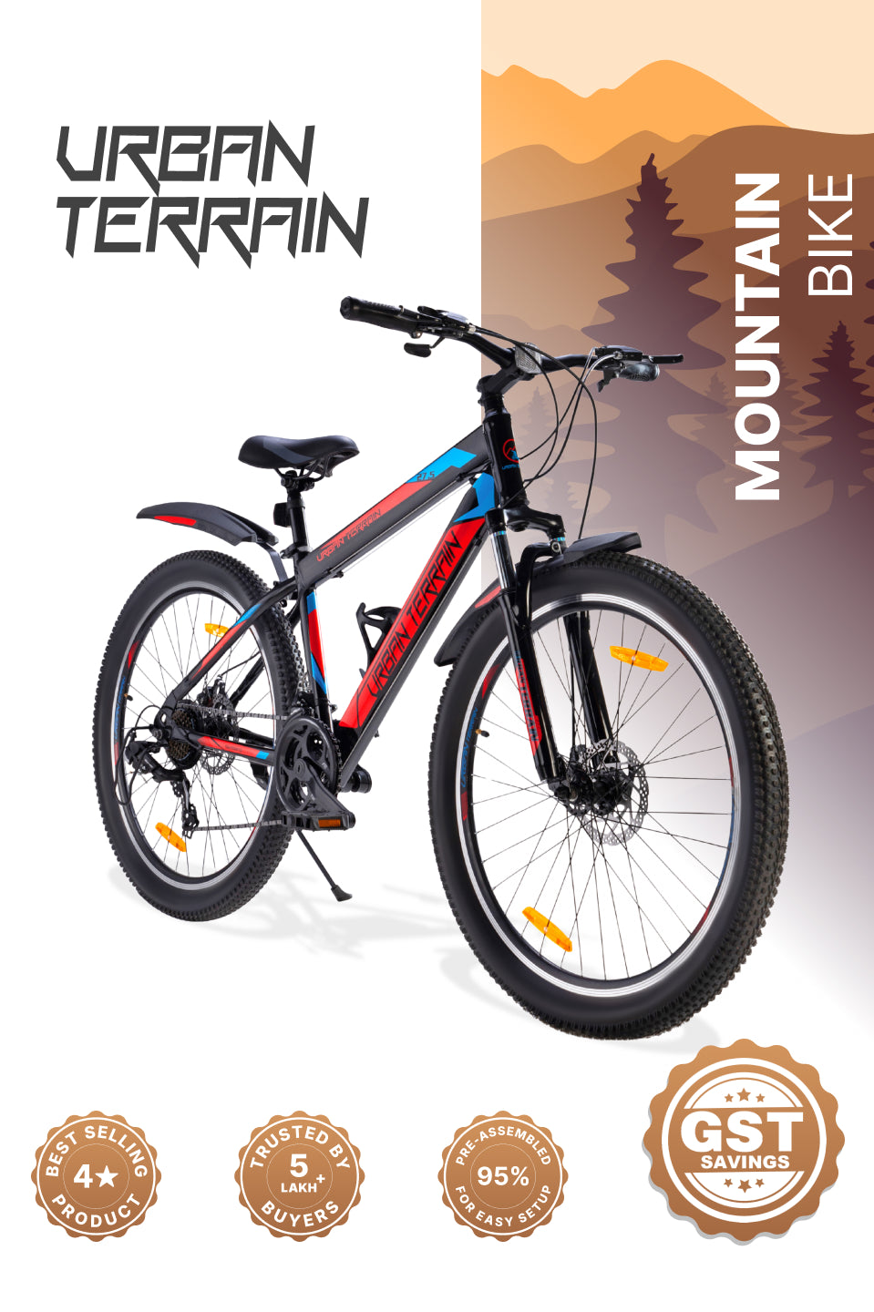 UT2000 Mountain Bike Steel 21 Speed Cycle Shimano Gear 27.5 inch Tyre, Red With Front Suspension, Double Wall Rim and Dual Disc Brakes Ideal For 5.2 ft to 6 ft