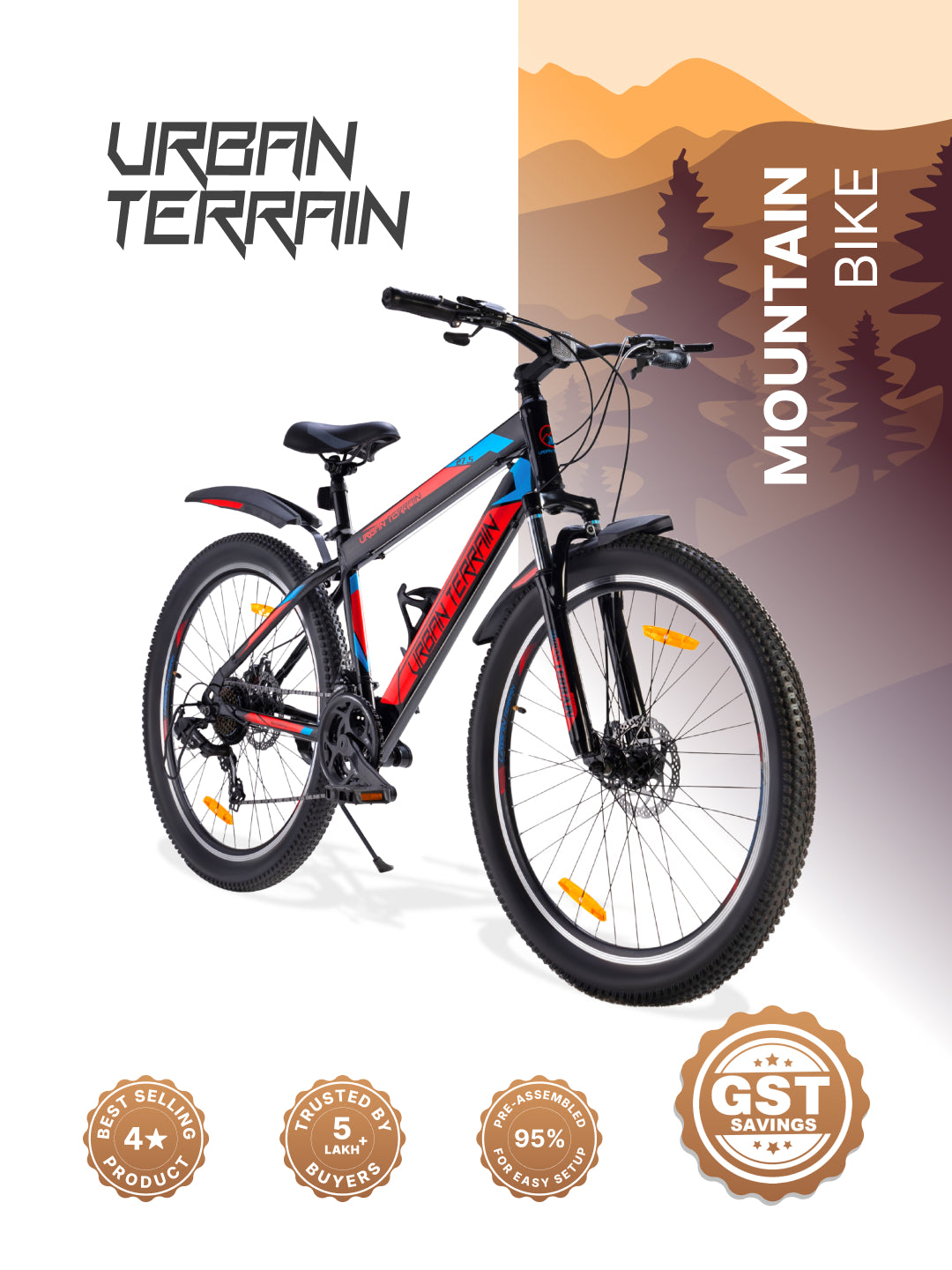 UT2000 Mountain Bike Steel 21 Speed Cycle Shimano Gear 27.5 inch Tyre, Red With Front Suspension, Double Wall Rim and Dual Disc Brakes Ideal For 5.2 ft to 6 ft