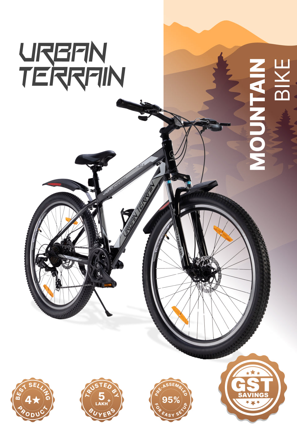 UT1000 Mountain Bike Steel 21 Speed Cycle Shimano Gear 27.5 inch Tyre, Black With Front Suspension, Double Wall Rim and Dual Disc Brakes Ideal For 5.2 ft to 6 ft