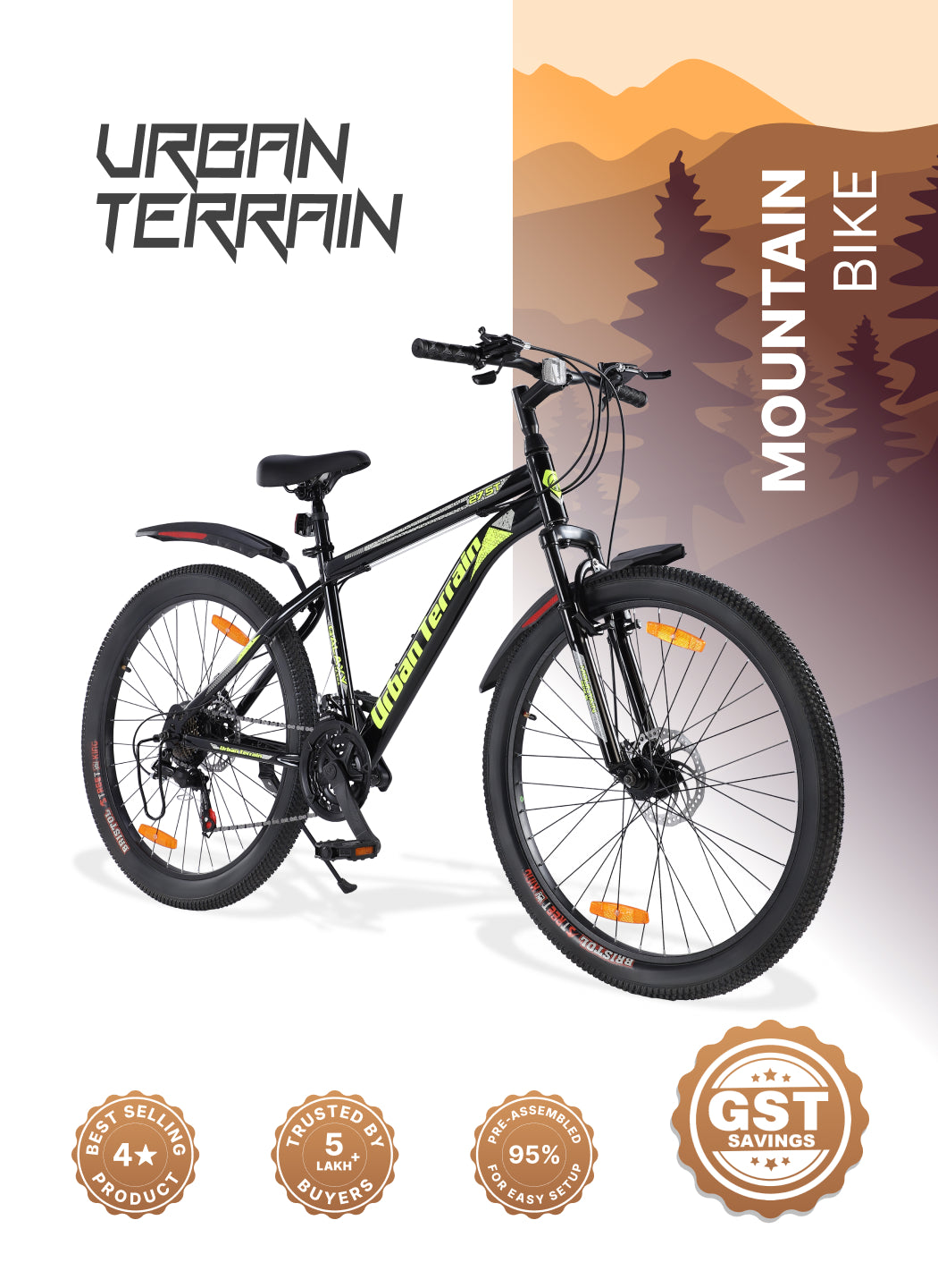 Galaxy Ultra Mountain Bike Steel 21 Speed Cycle 27.5 inch Tyre, Green With Front Suspension, Single Wall Rim and Dual Disc Brakes Ideal For 5.2 ft