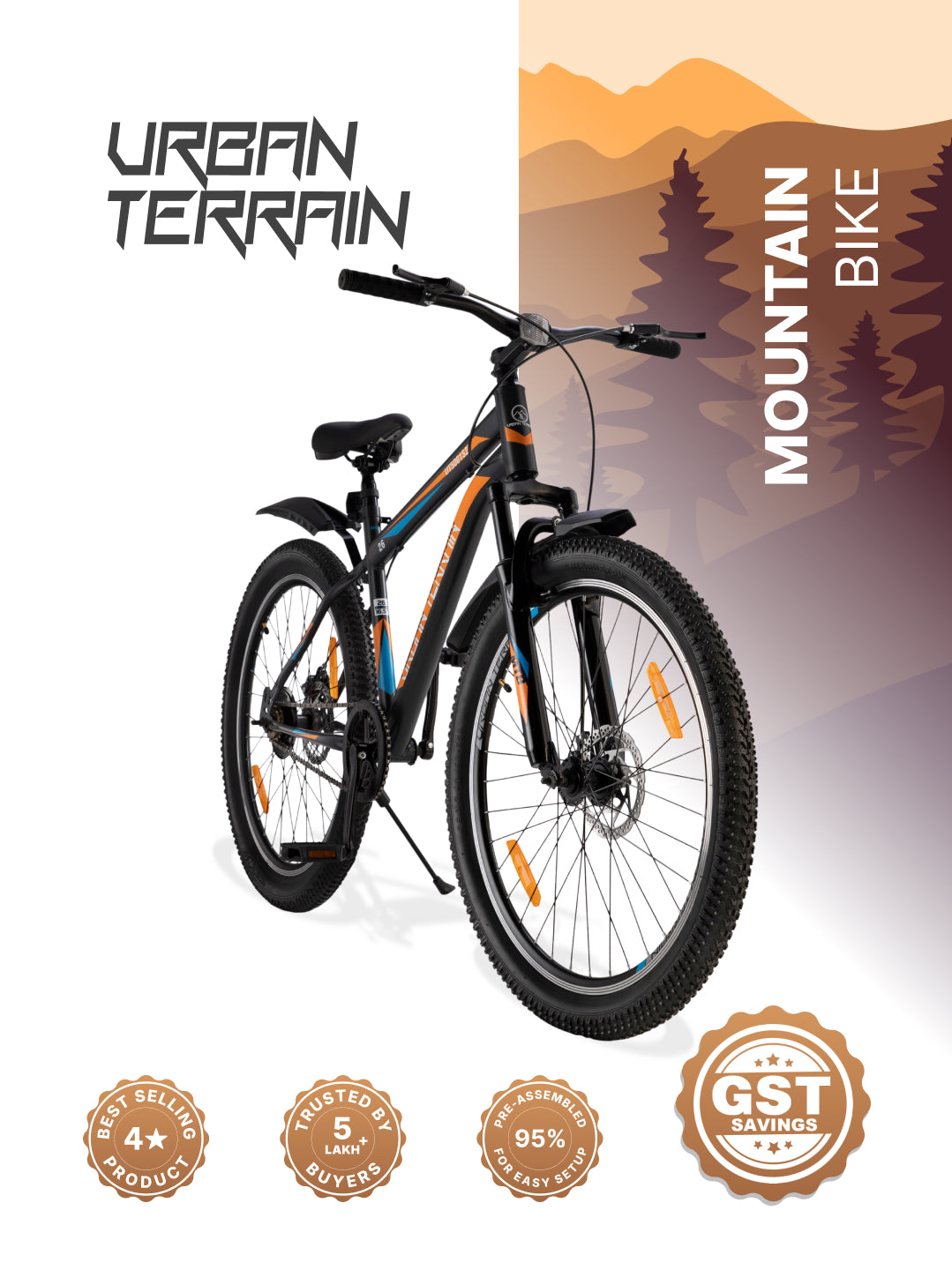 UT5001S26 Mountain Bike Steel Single Speed Cycle 26 inch Tyre, Dual Disc Brake, Front Suspension, Double Wall Alloy Rim, Black