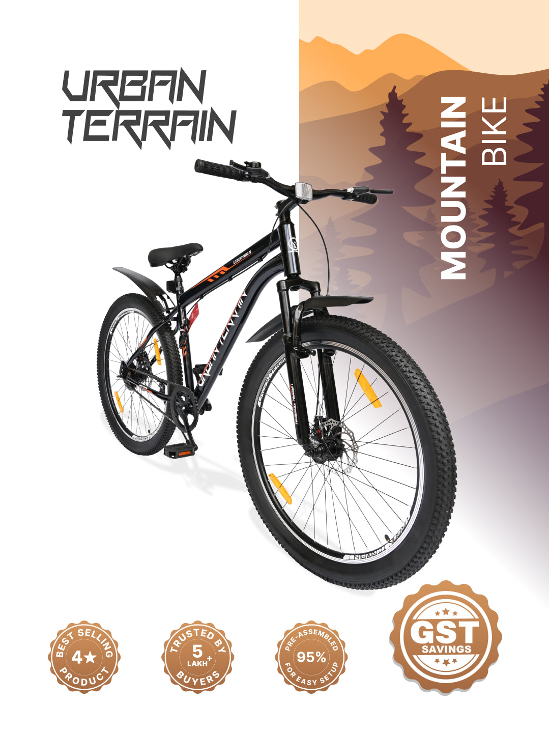 UT5001S27ACC Mountain Cycle Steel Single Speed 27.5 inch with Dual Disc Brakes, Front Suspension, Double Wall Alloy Rim, Bell & Lock, Black