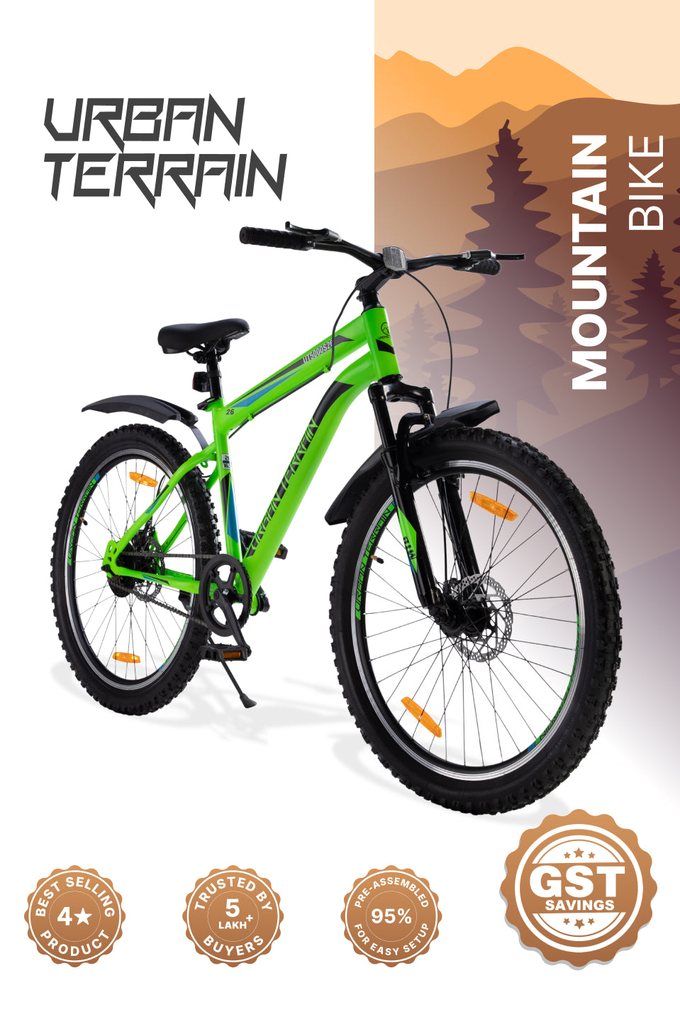 UT5000S26 Mountain Bike Steel Single Speed Cycle 26 Inch Tyre, Dual Disc Brake, Front Suspension, Double Wall Alloy Rim, Green