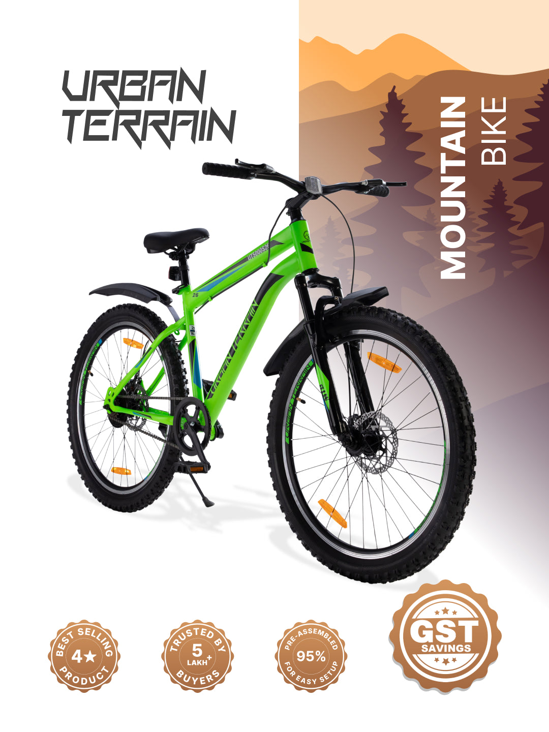 UT5000S26 Mountain Bike Steel Single Speed Cycle 26 Inch Tyre, Dual Disc Brake, Front Suspension, Double Wall Alloy Rim, Green