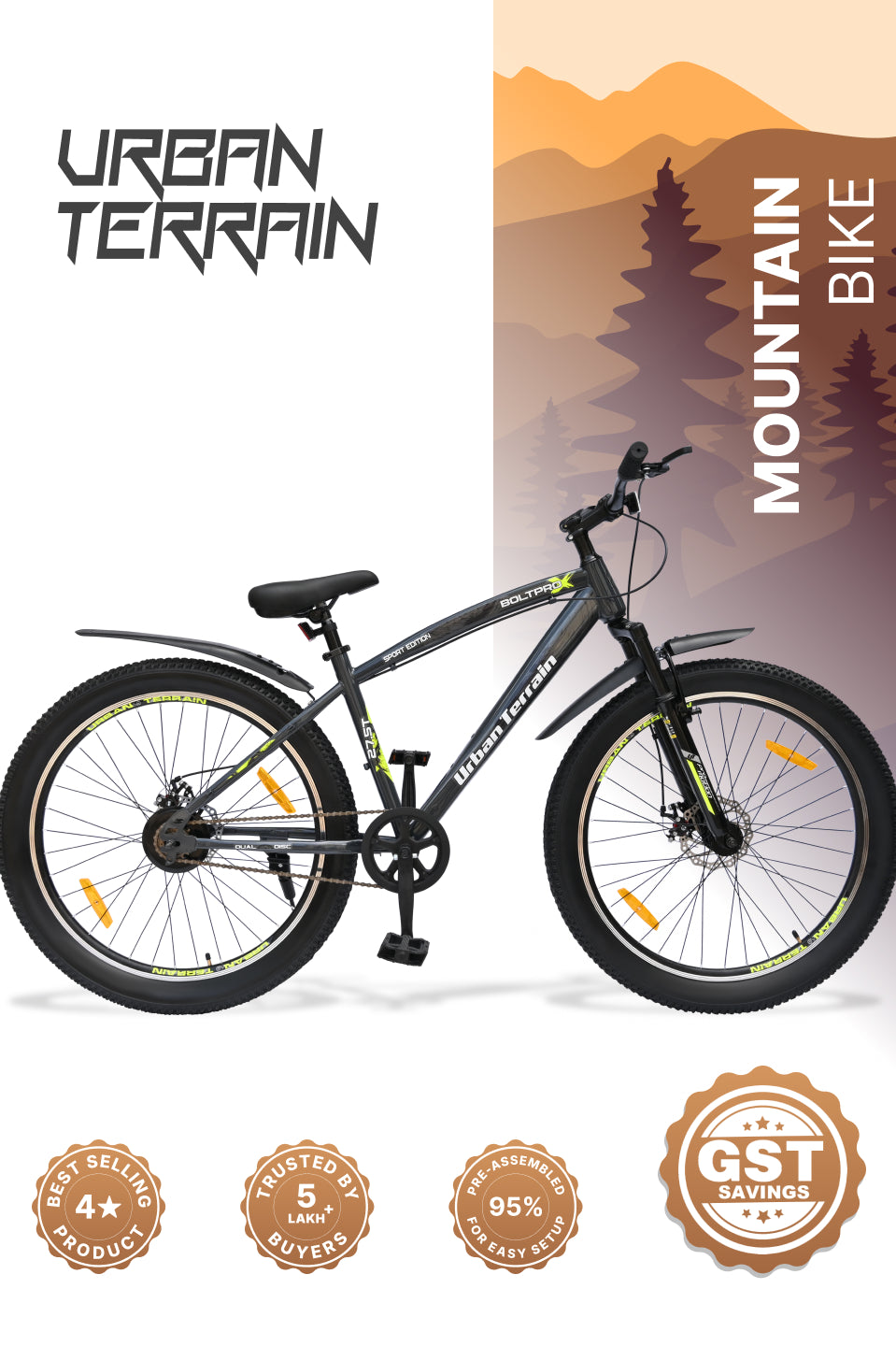 Bolt Pro Mountain Bike Steel Single Speed 27.5 inch Tyre with Dual Disc Brakes, Front Suspension, Double Wall Alloy Rim, Grey