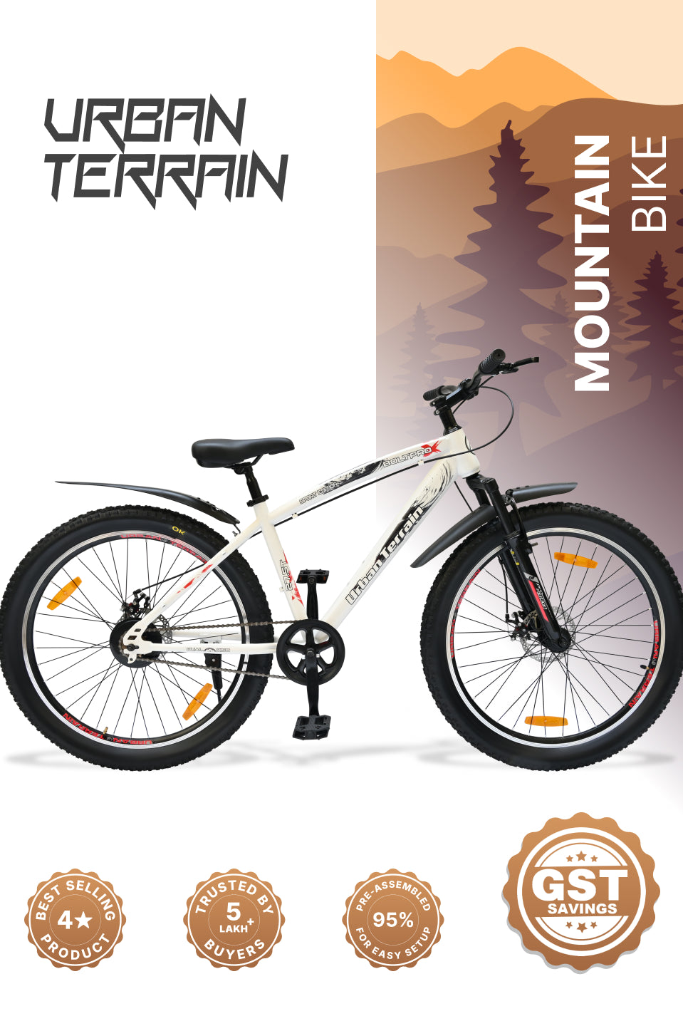 Bolt Pro Mountain Bike Steel Single Speed 27.5 inch Tyre with Dual Disc Brakes, Front Suspension, Double Wall Alloy Rim, White