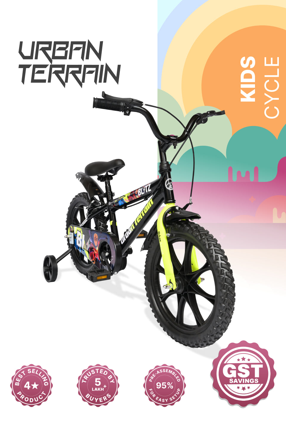 Urban Terrain Blitz Cycles 16T for Boys/Girls Kids Ages 4 to 6 Comes with Training Wheels (Black, Green)