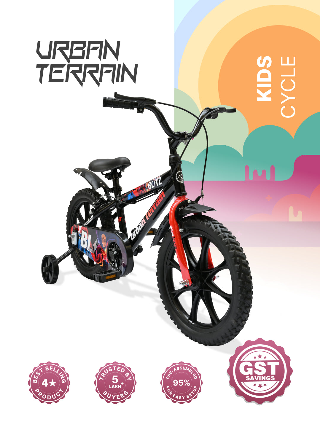 Urban Terrain Blitz Cycles 16T for Boys/Girls Kids Ages 4 to 6 Comes with Training Wheels (Black, Red)