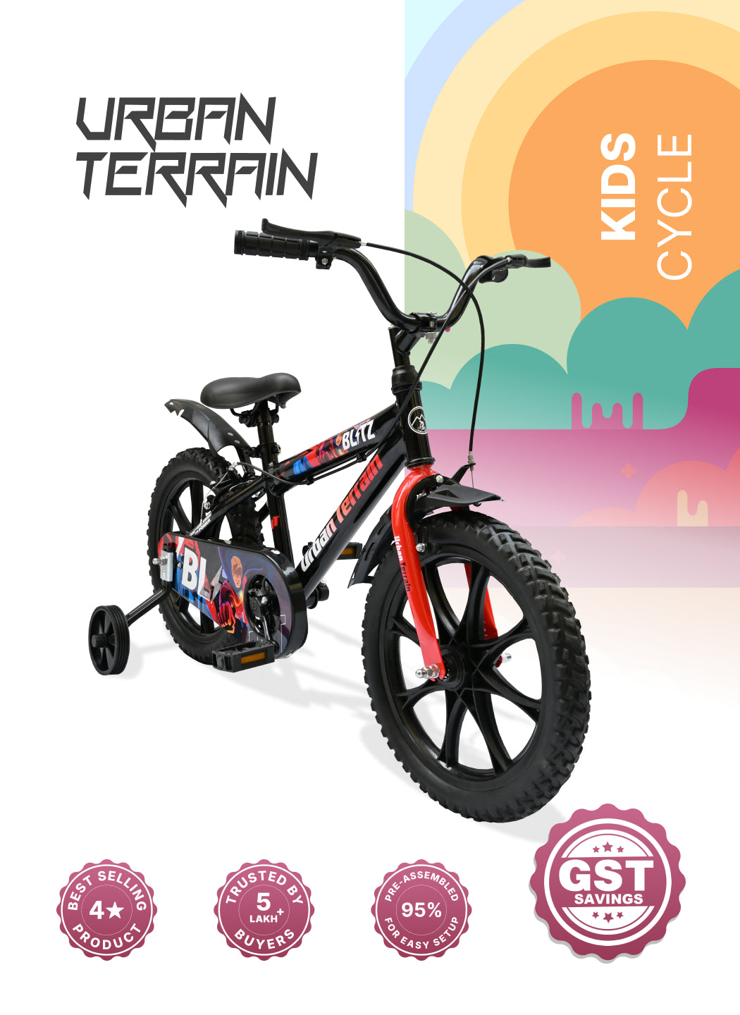 Urban Terrain Blitz Cycles 16T for Boys/Girls Kids Ages 4 to 6 Comes with Training Wheels (Black, Red)