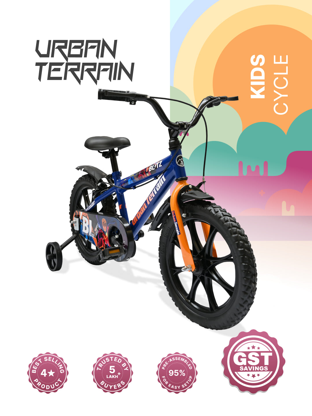 Urban Terrain Blitz Cycles 16T for Boys/Girls Kids Ages 4 to 6 Comes with Training Wheels (Blue)