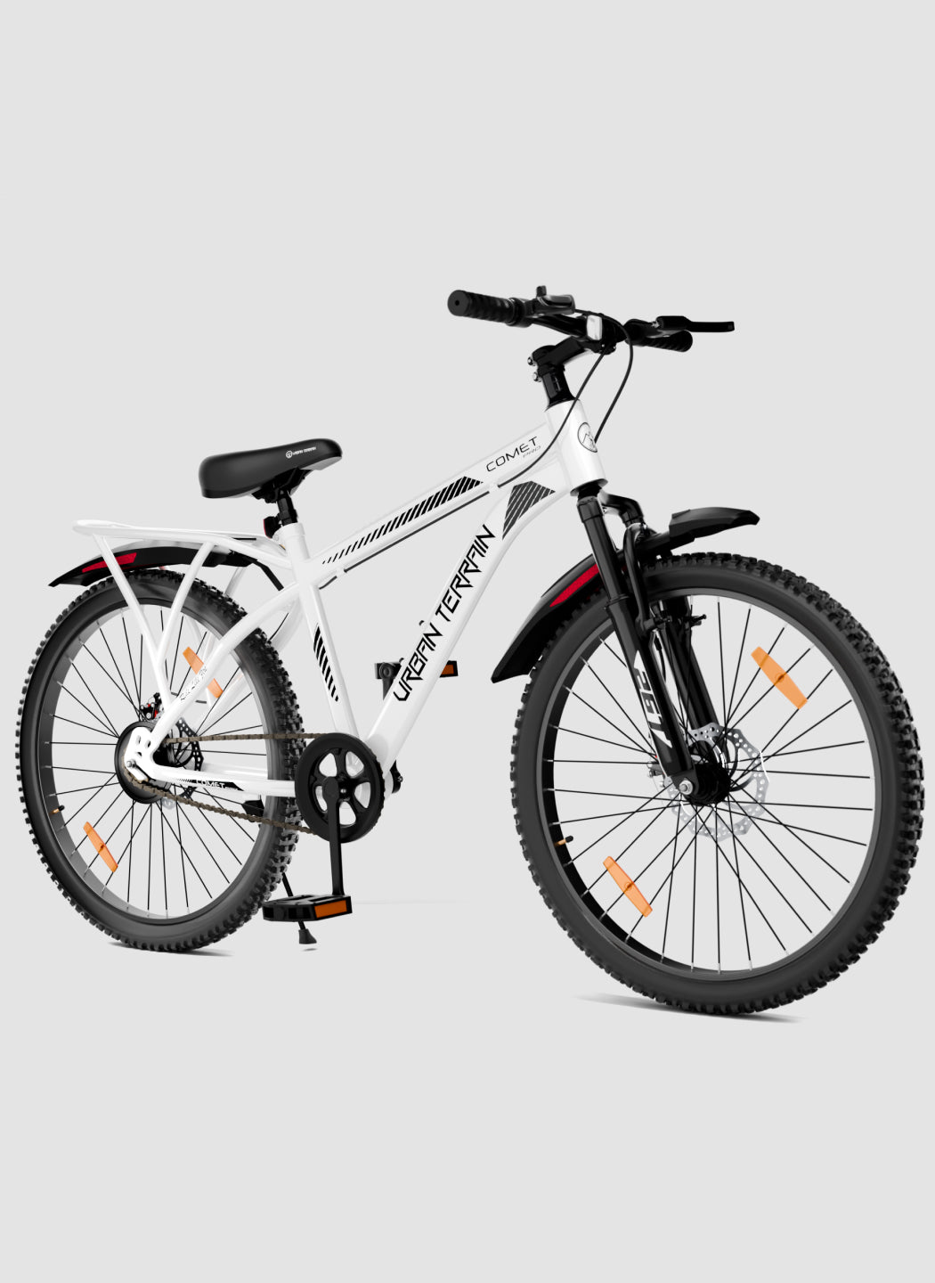 Urban Terrain Comet Pro 26T Single Speed Steel Mountain Bike with Front Suspension & Dual Disc Brakes (White)