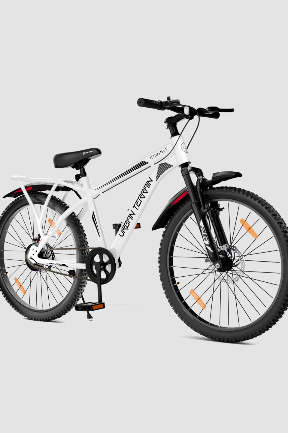 Urban Terrain Comet Pro 26T Single Speed Steel Mountain Bike with Front Suspension & Dual Disc Brakes (White)