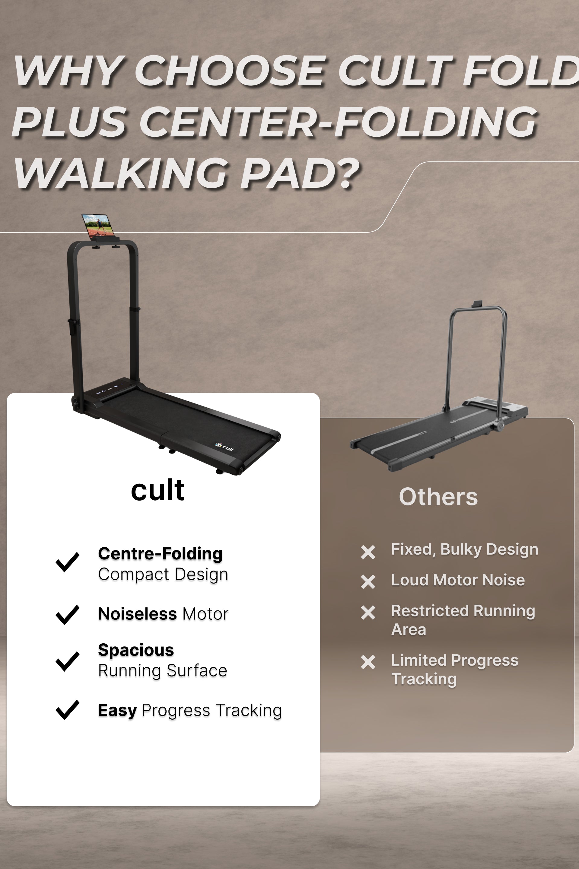 Cult Fold Plus Center-Folding Walking Pad with 5HP Motor with Easy Remote Control | Max User 130kg | Top Speed 6kmph | Running Deck 39.3 x 15.7 inches | Space Saving & Perfect for Home use Treadmill (with 6 Months Extended Warranty)