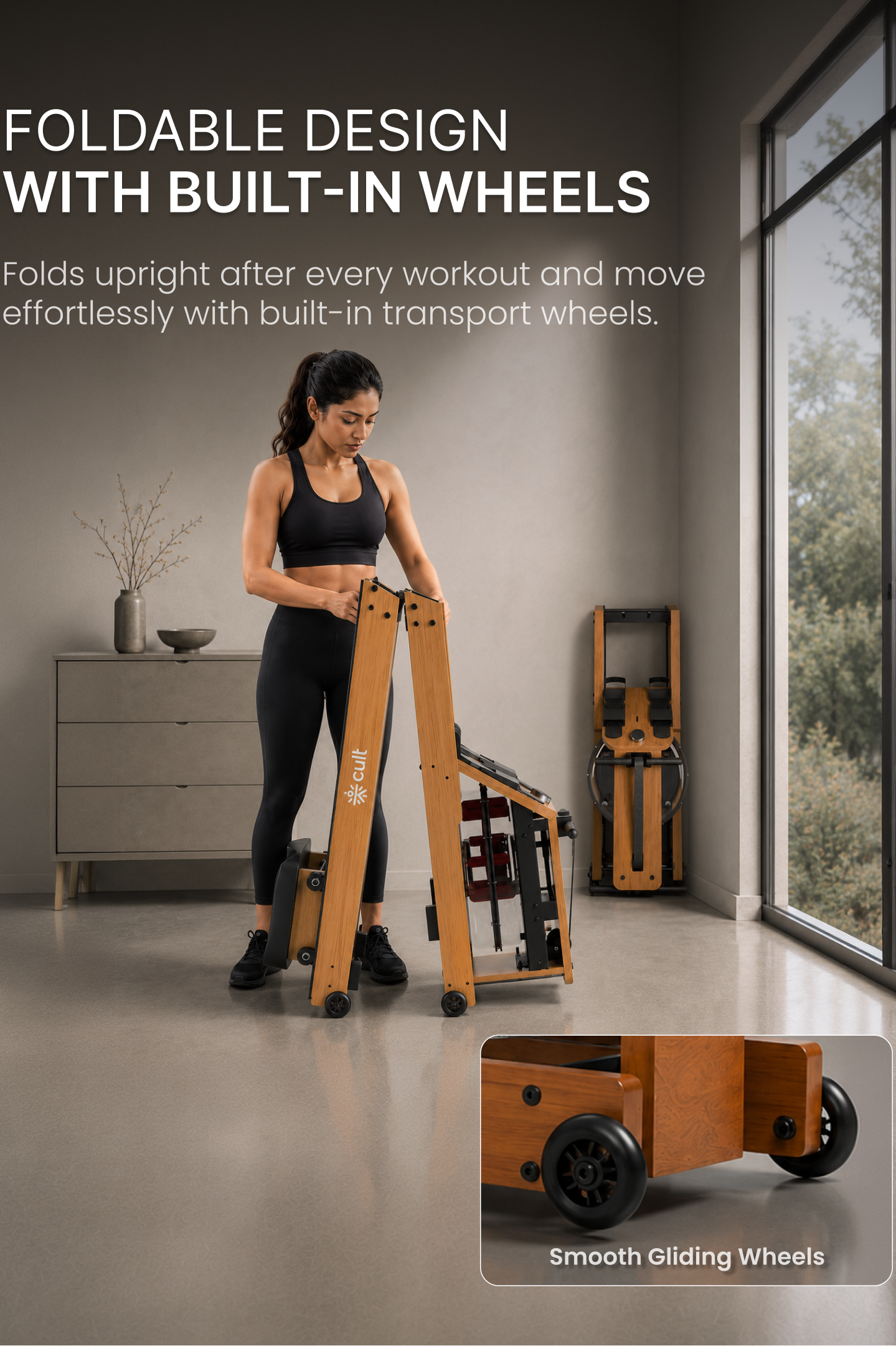 Cult Smart Water Rowing Machine for Home Gym | Dual Resistance | 32-Level Magnetic Resistance | Foldable Wooden Rowing Machine | 120 kg Capacity | Compact & Foldable Design