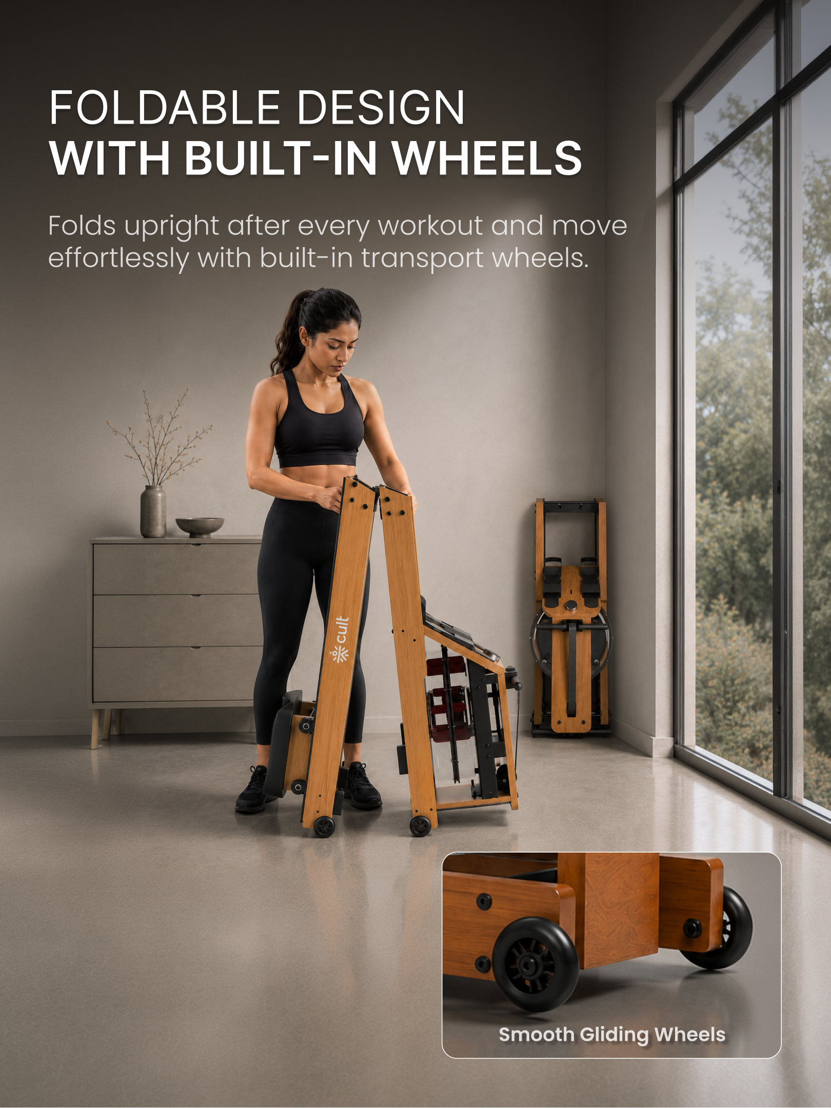 Cult Smart Water Rowing Machine for Home Gym | Dual Resistance | 32-Level Magnetic Resistance | Foldable Wooden Rowing Machine | 120 kg Capacity | Compact & Foldable Design