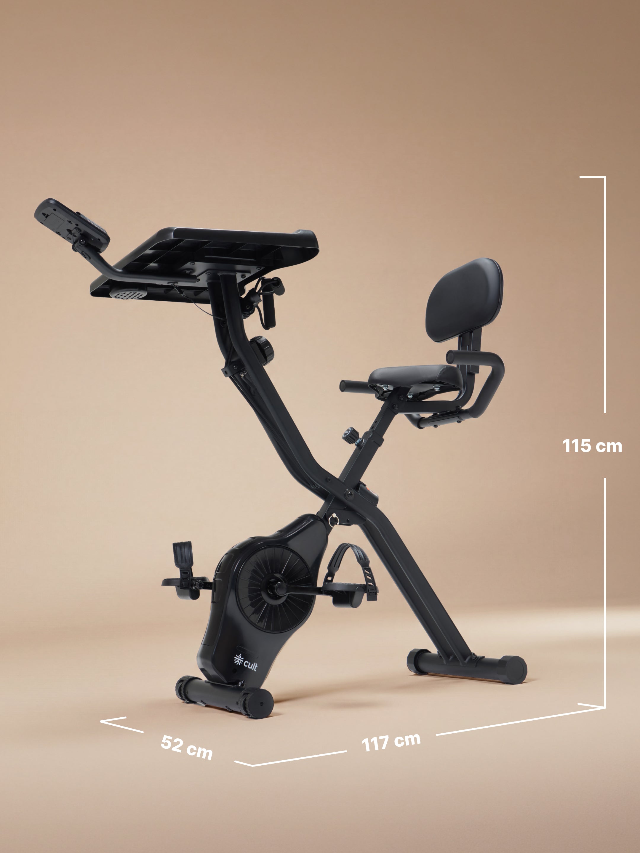 Cult X-Bike with Table | Sturdy & Stable Design | Foldable Exercise Cycle for Home | 8-Level Magnetic Resistance | Adjustable Seat | LCD Display | Laptop & Tablet Desk | 120 kg Capacity - Black