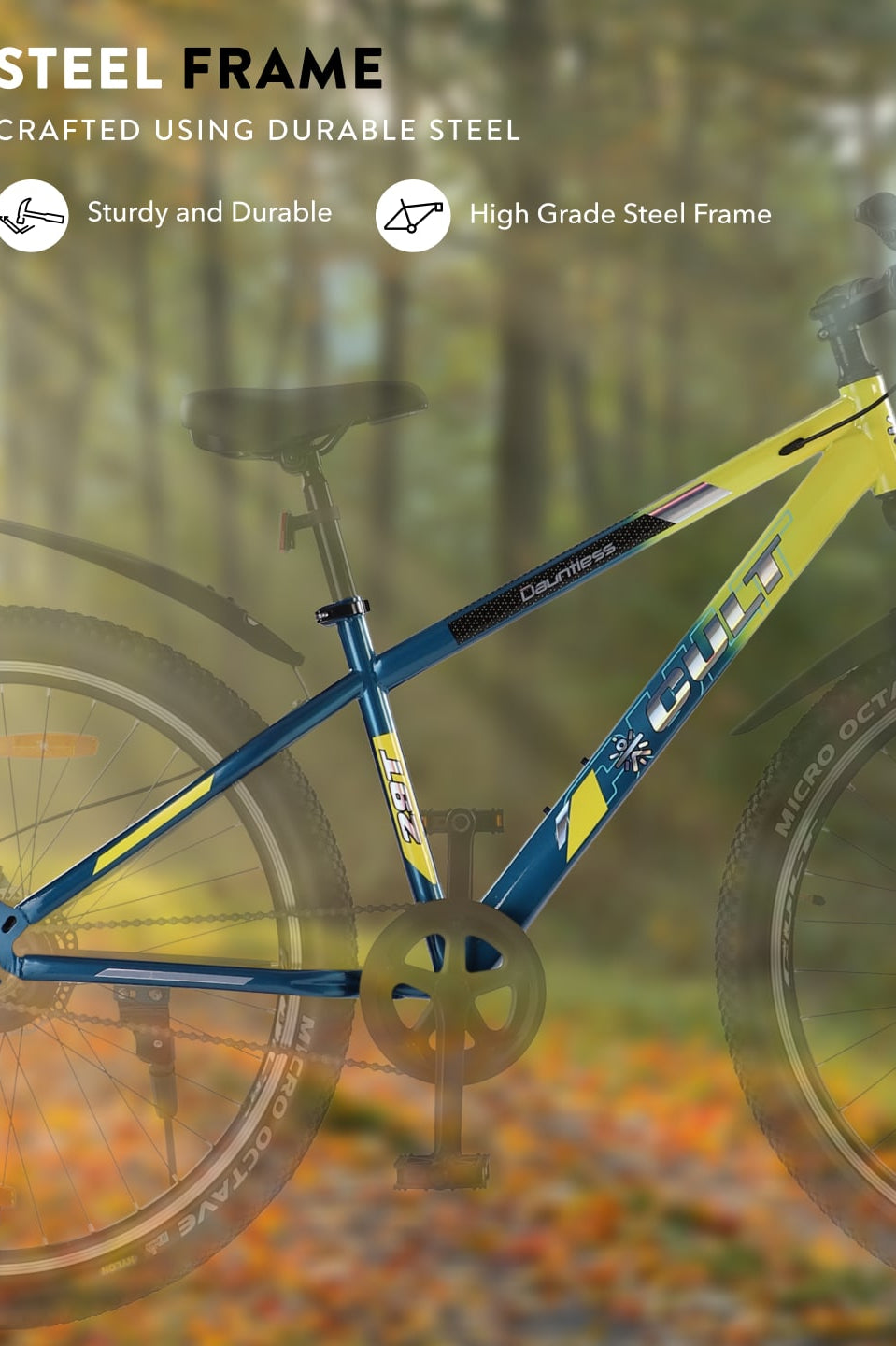 DAUNTLESS29TYELLOWBLUE Steel Single Speed 29 inch Mountain Cycle, Dual Disc Brake, Front Suspension, Double Wall Rim