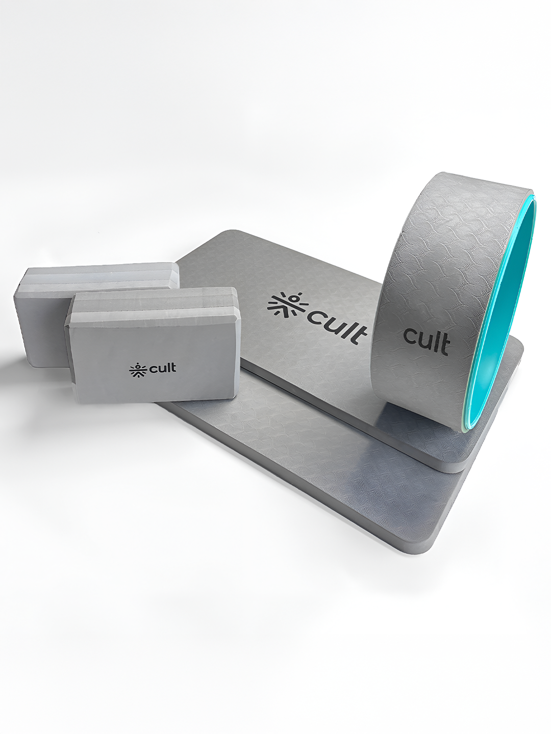 cult Mindful Movement Yoga Kit - Yoga Wheel Grey,Yoga Block Grey Pair of 2 & Yoga Knee Pad Grey