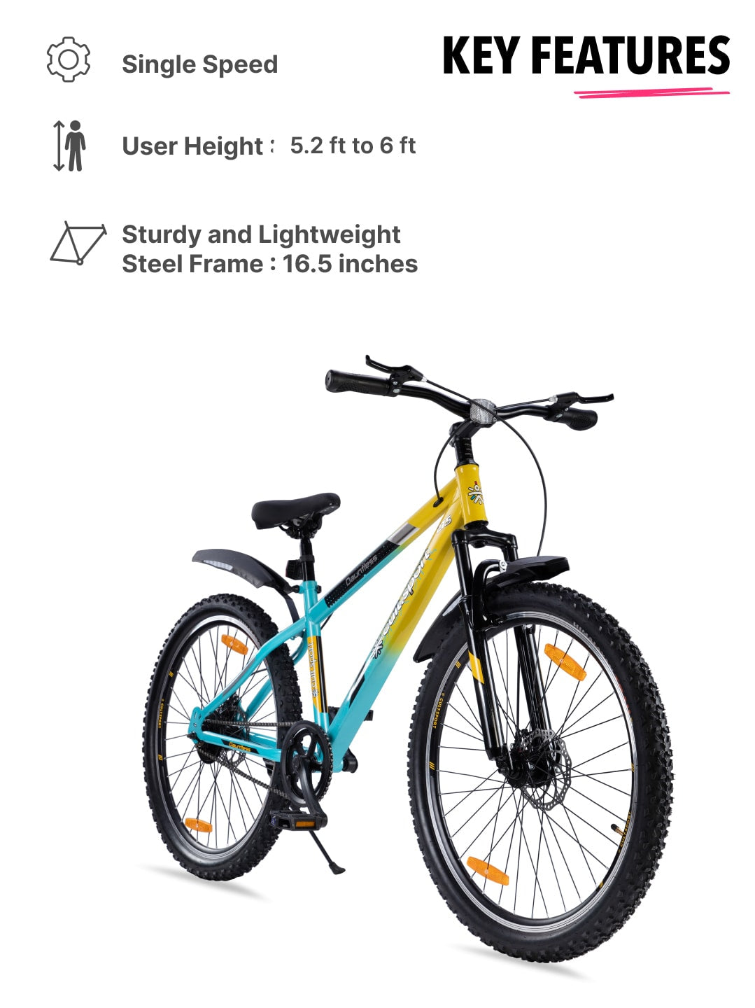 DAUNTLESS27.5TYELLOWBLUE Steel Single Speed 27.5 inch Mountain Cycle with Front Suspension, Double Wall Rim and Dual Disc Brake