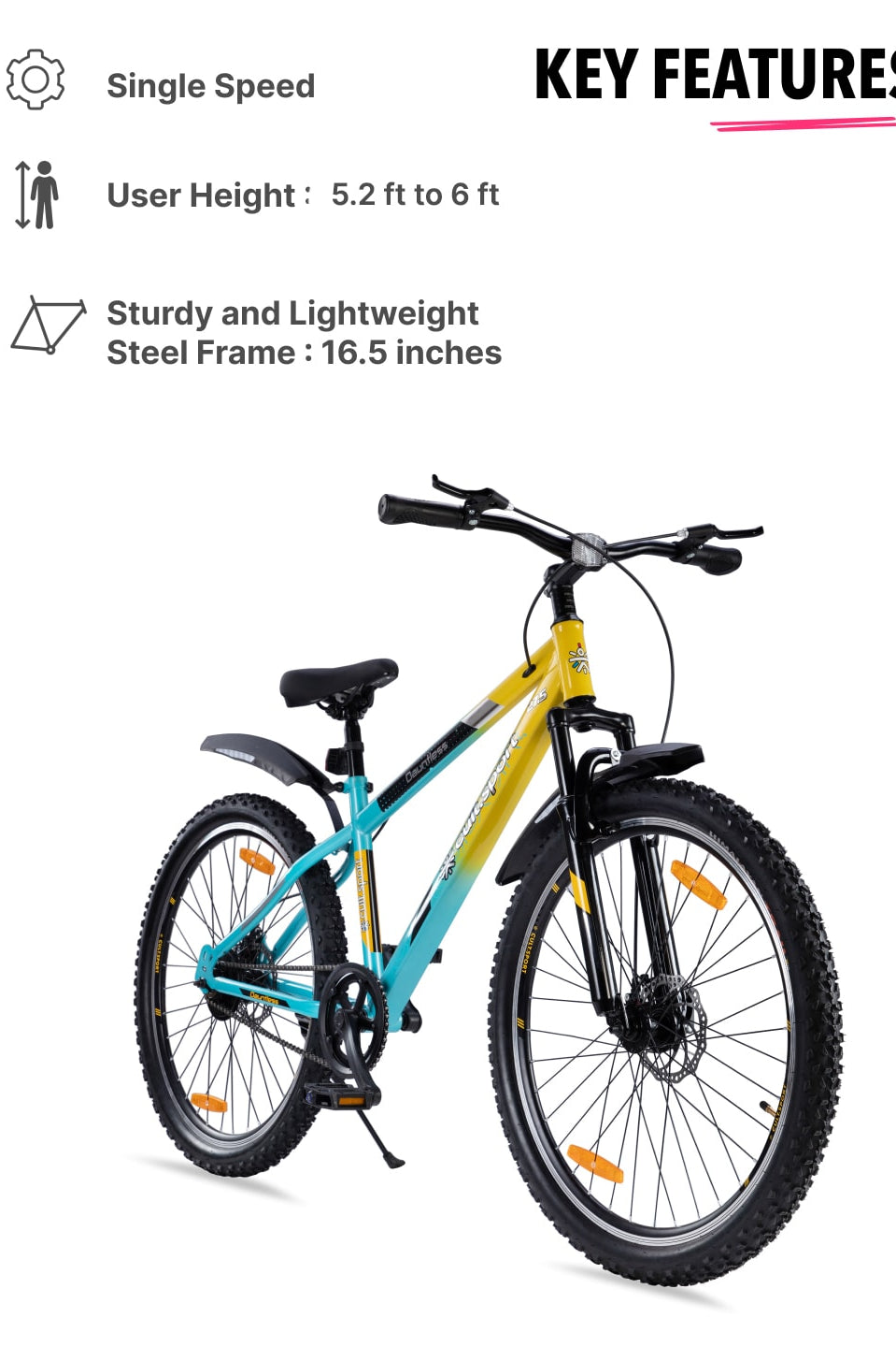 DAUNTLESS27.5TYELLOWBLUE Steel Single Speed 27.5 inch Mountain Cycle with Front Suspension, Double Wall Rim and Dual Disc Brake