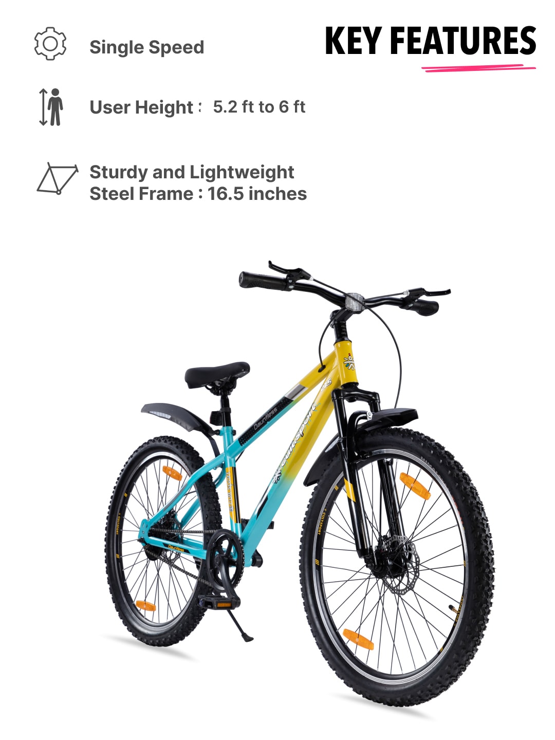 DAUNTLESS27.5TYELLOWBLUE Steel Single Speed 27.5 inch Mountain Cycle with Front Suspension, Double Wall Rim and Dual Disc Brake