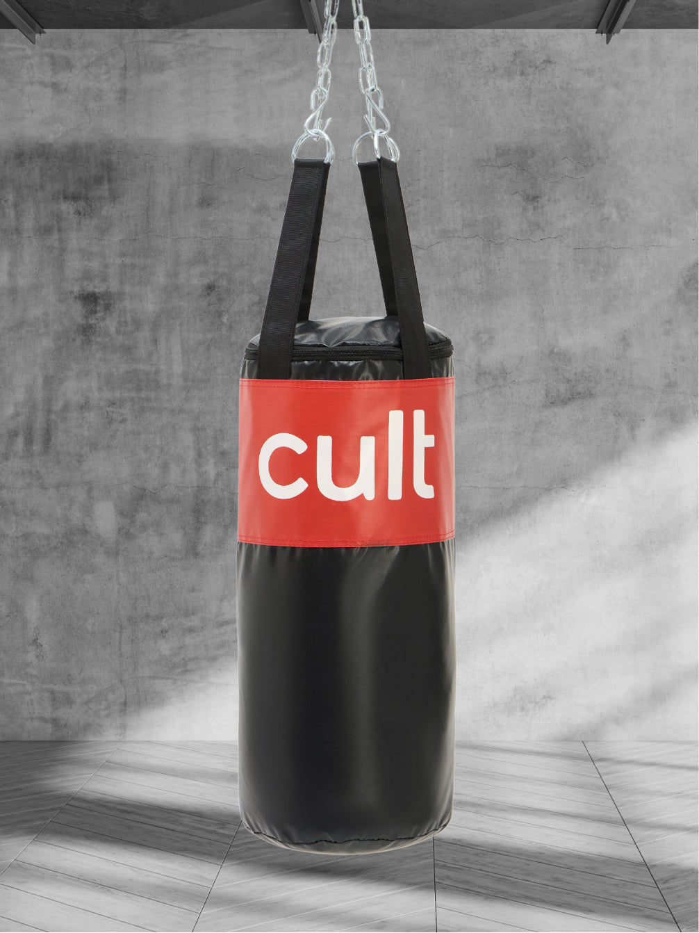 cult Punching Bag Black & Red 3ft Heavy Duty Punching Bag for Boxing, Kickboxing, MMA Training Reinforced Stitching Durable PU Leather Hanging Chain Included Unfilled Easy to Install For Home & Gym Use