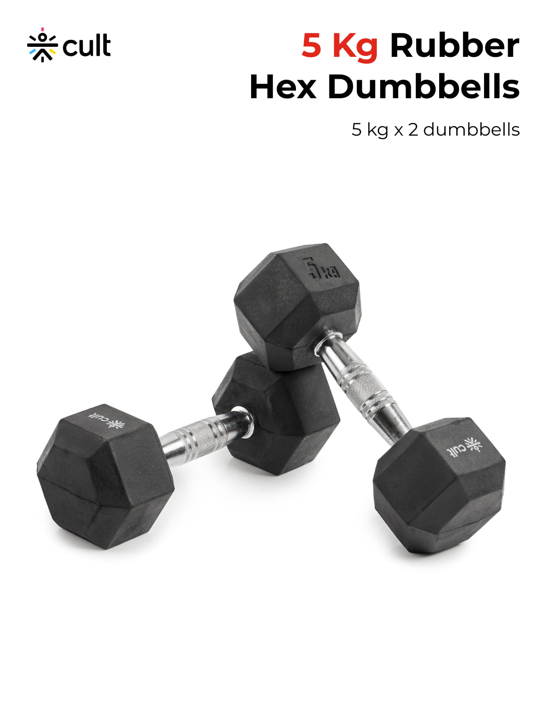 Cult 5Kg Hex Dumbbells For Home & Gym Exercises, Set of 2, (Black)