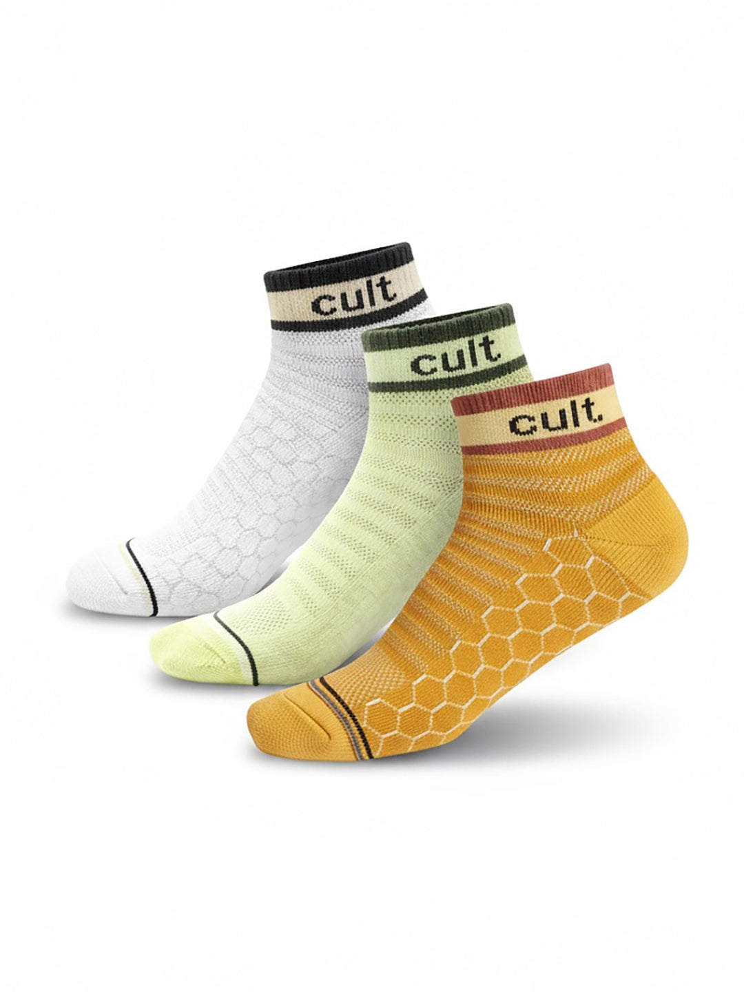 Cult Sports Ankle Length Socks Honey Comb Pattern Pack of 3-Orange, Yellow & White