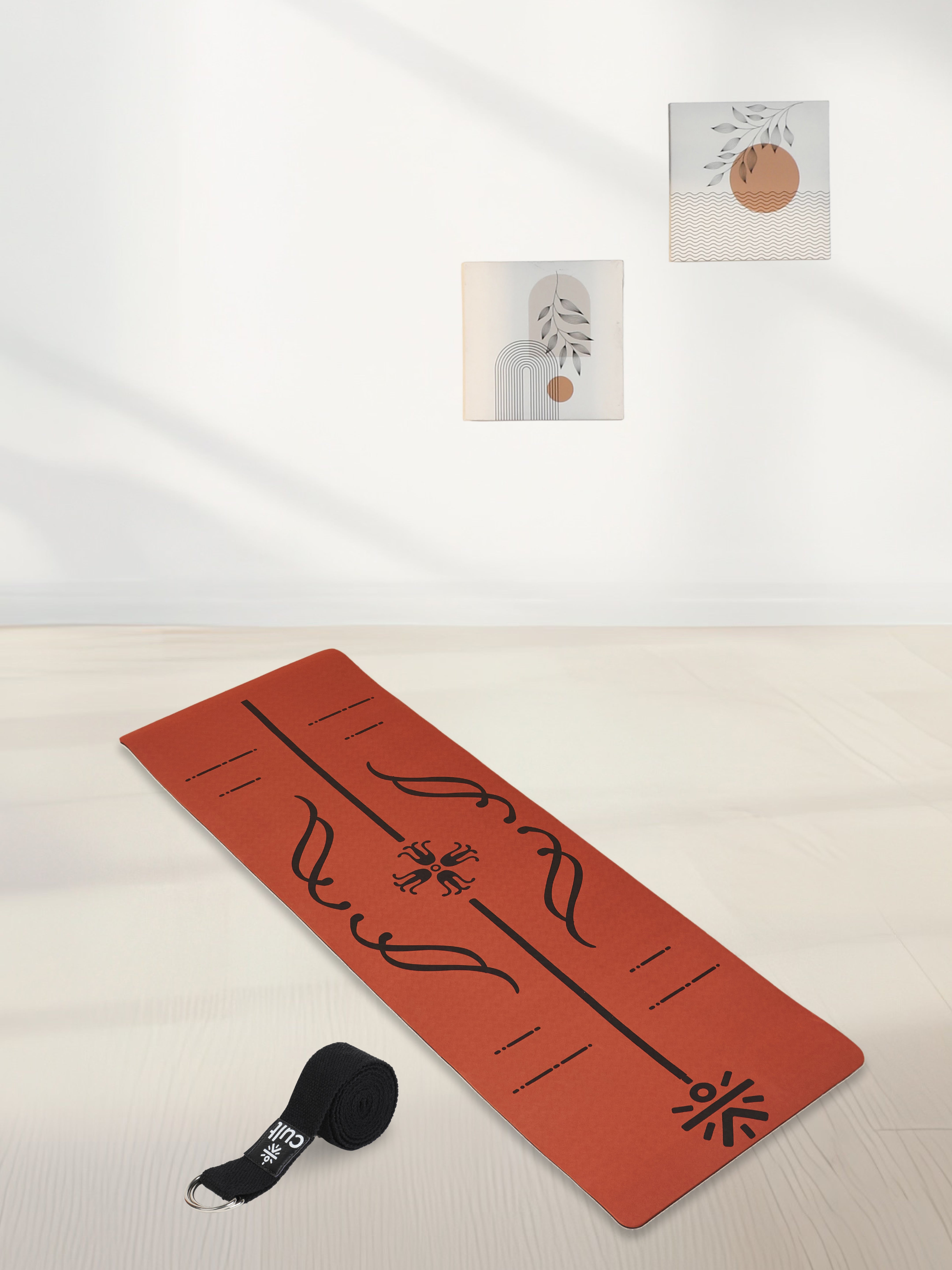 TPE 8mm Alignment Yoga Mat Brick with Carry Bag & Yoga Belt Black