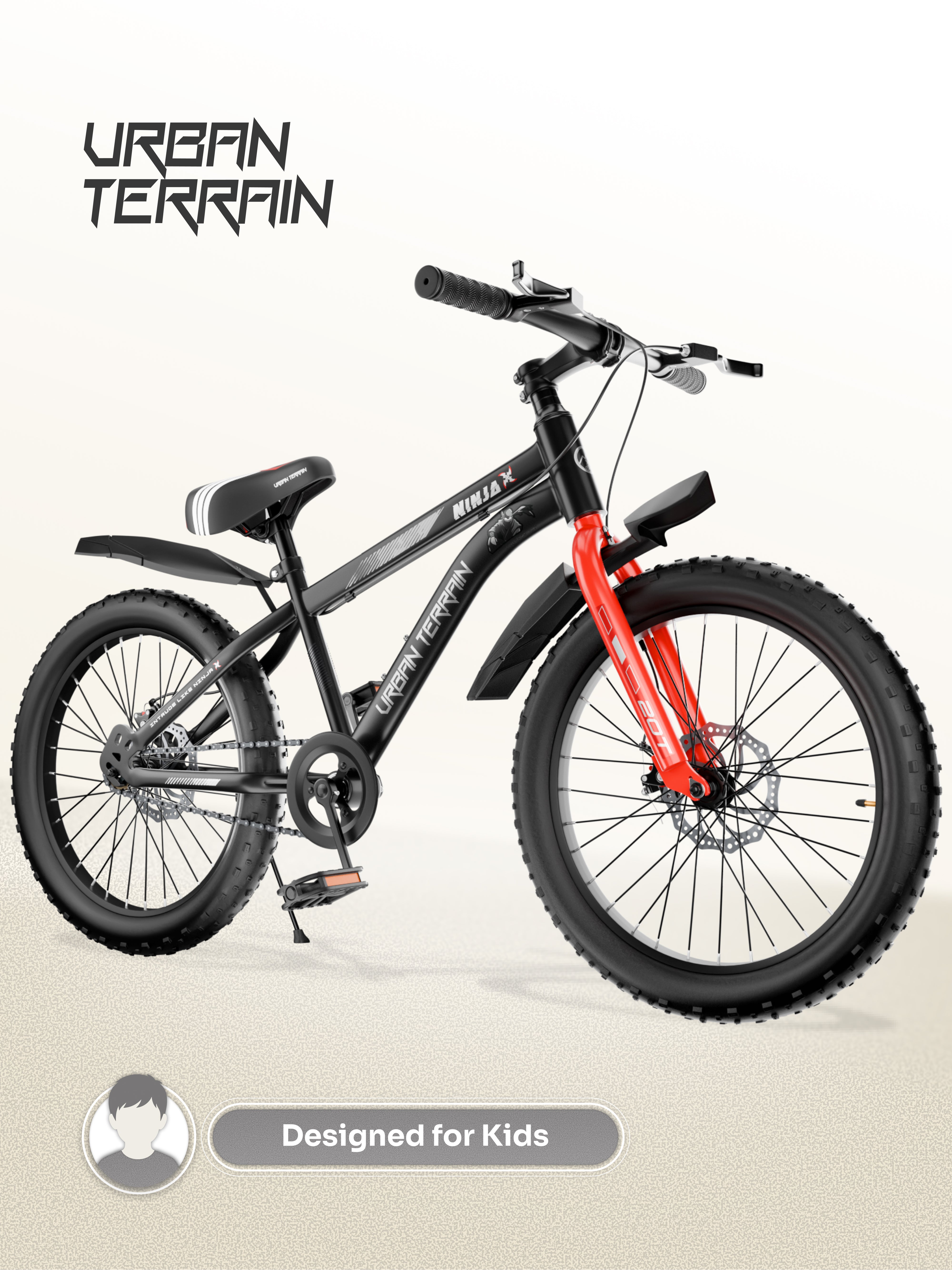 Urban Terrain Ninja X 20T Fat Tire Kids Bicycle with Dual disc brakes, Black