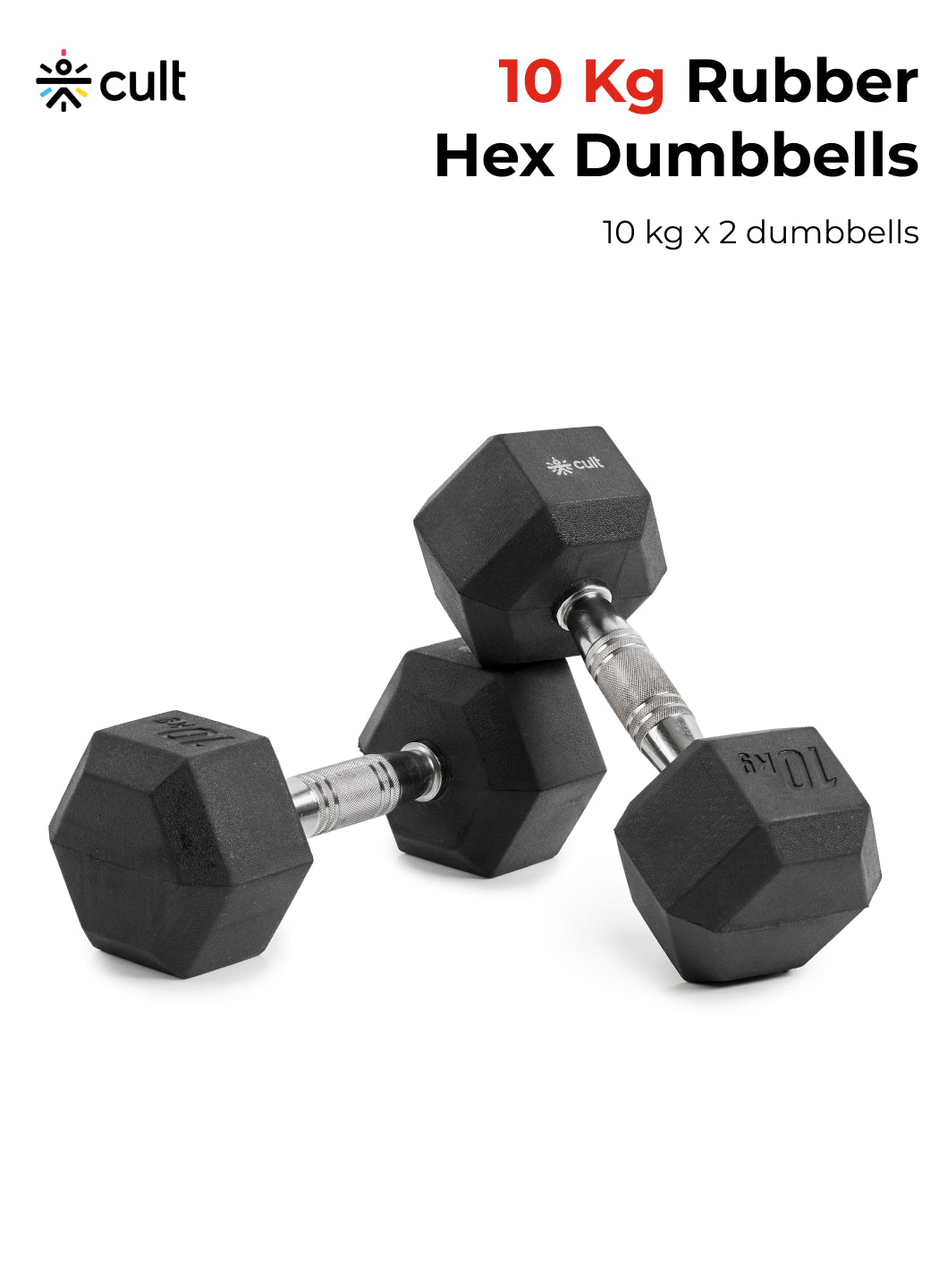 Cult 10Kg Hex Dumbbells For Home & Gym Exercises, Set of 2, (Black)