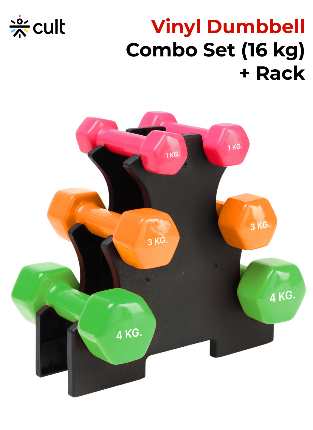 Cult Vinyl Dumbbells Combo for Home Gym Exercise (1kg + 3kg + 4kg Set) 16kg | Dumbbells with Rack