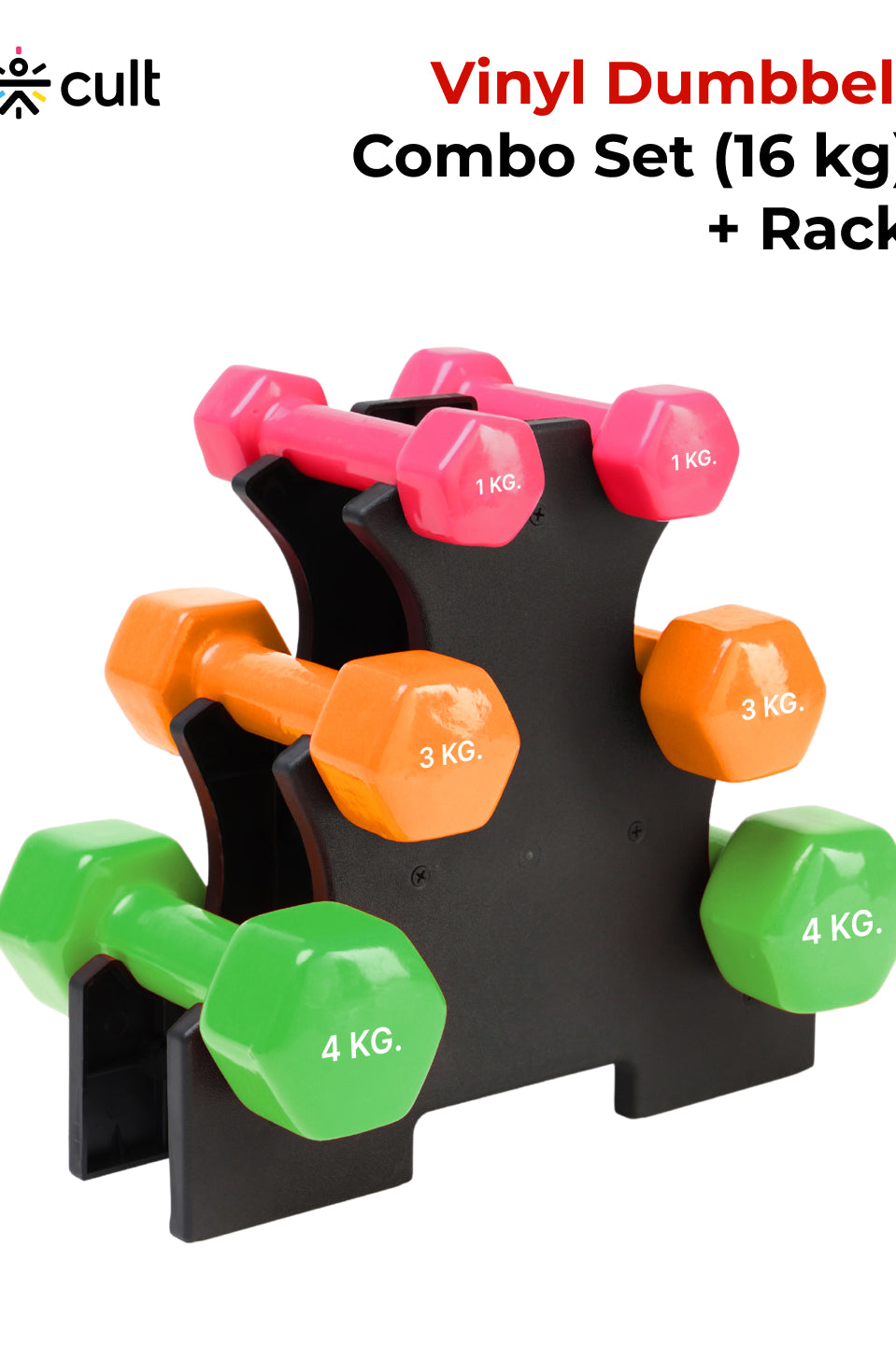 Cult Vinyl Dumbbells Combo for Home Gym Exercise (1kg + 3kg + 4kg Set) 16kg | Dumbbells with Rack