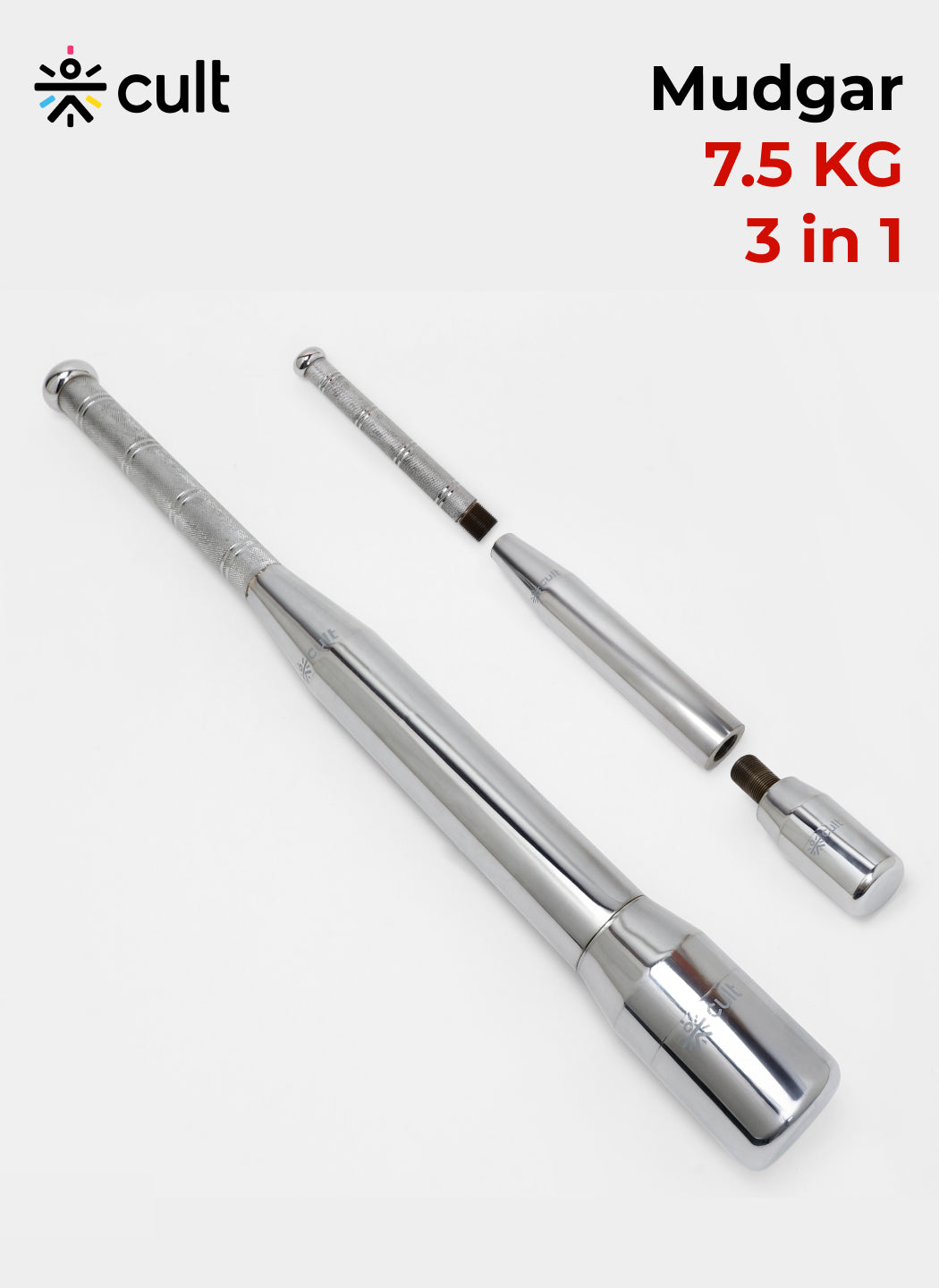 Cult 3-in-1 Adjustable Steel 7.5KG Mudgar for Full Body Training | Silver Indian Clubs (7.5 kg)
