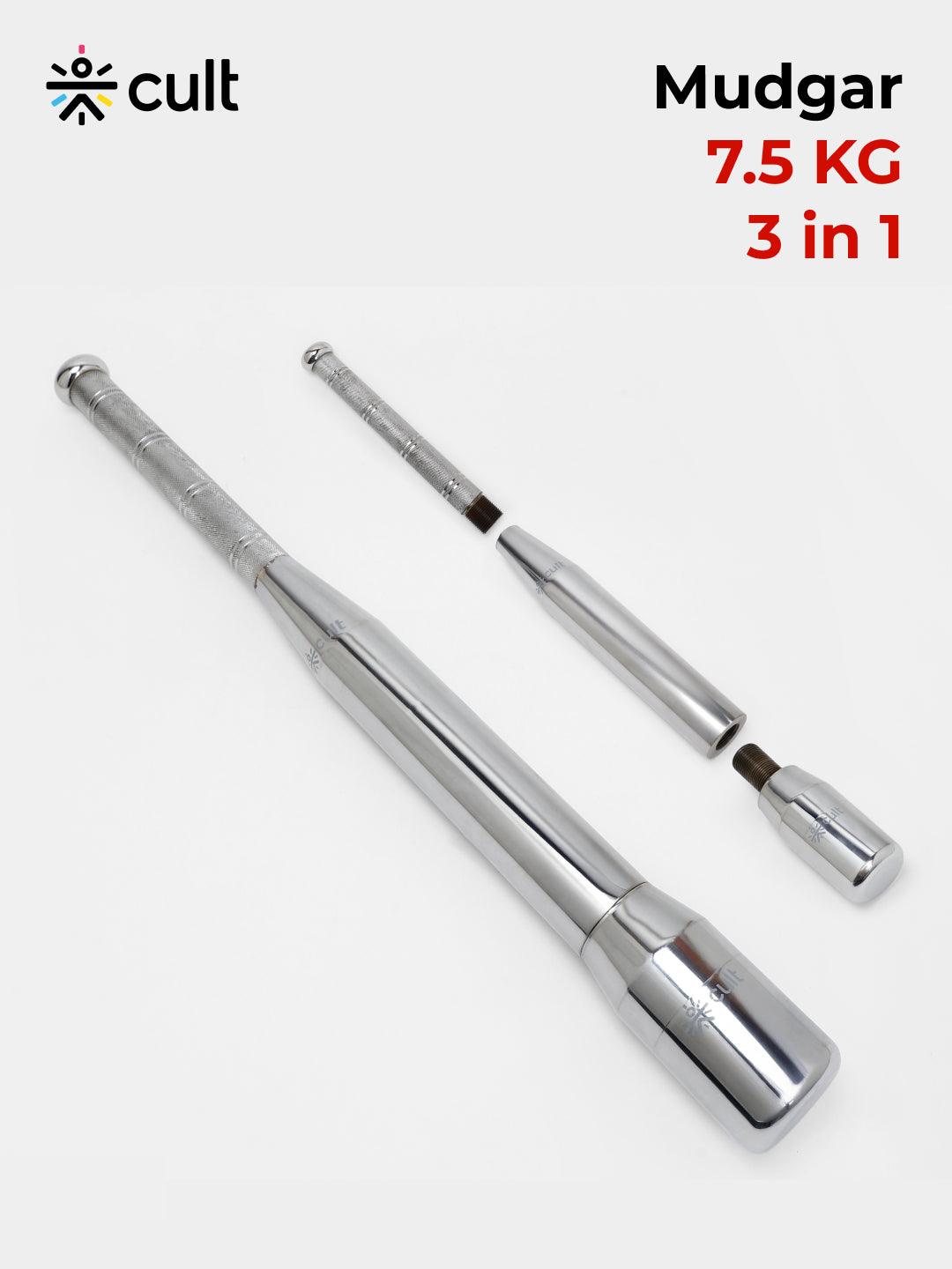 Cult 3-in-1 Adjustable Steel 7.5KG Mudgar for Full Body Training | Silver Indian Clubs (7.5 kg)